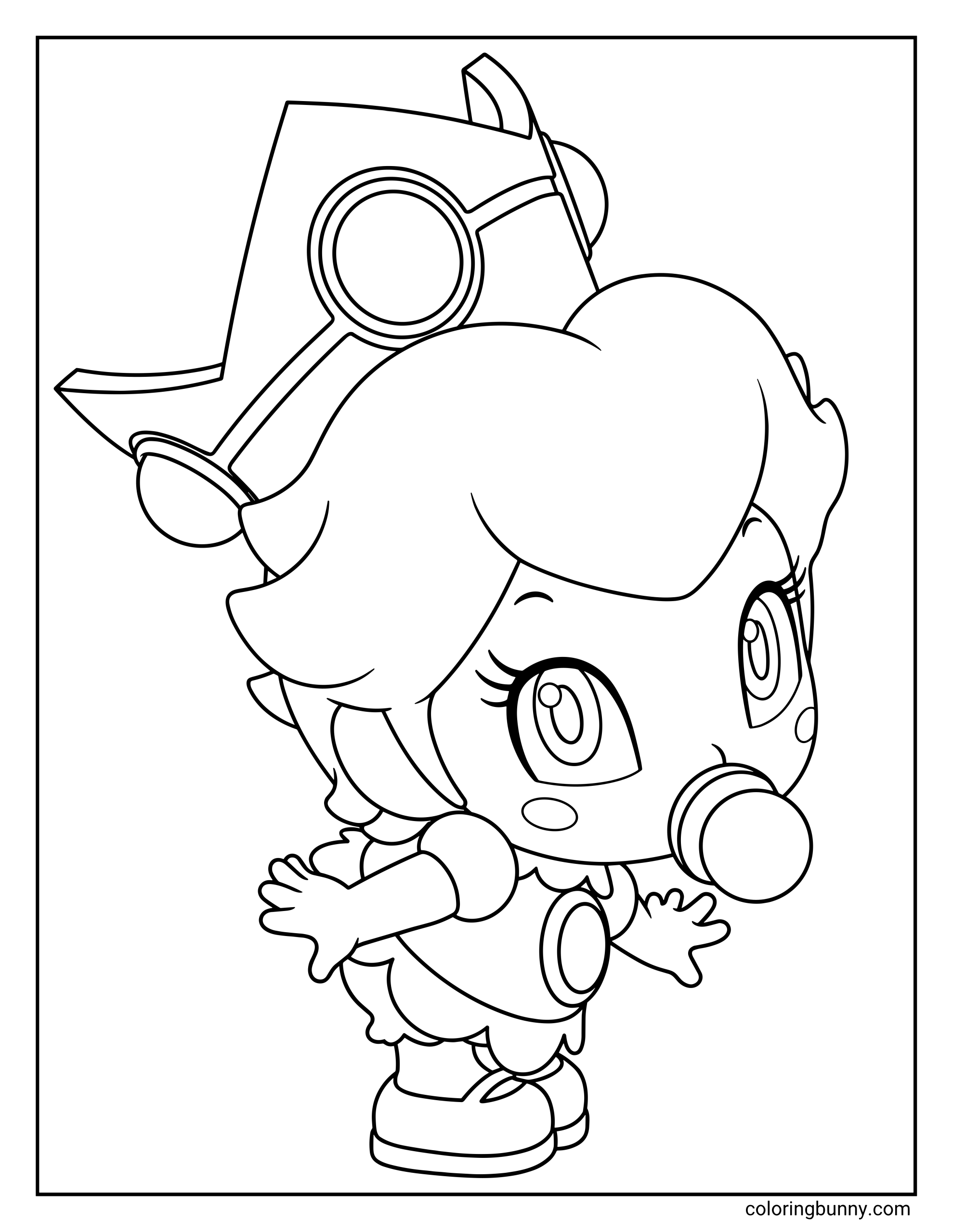 Baby Princess Peach coloring page showing a cute chibi-style Princess Peach with a crown, big eyes, and arms stretched out.