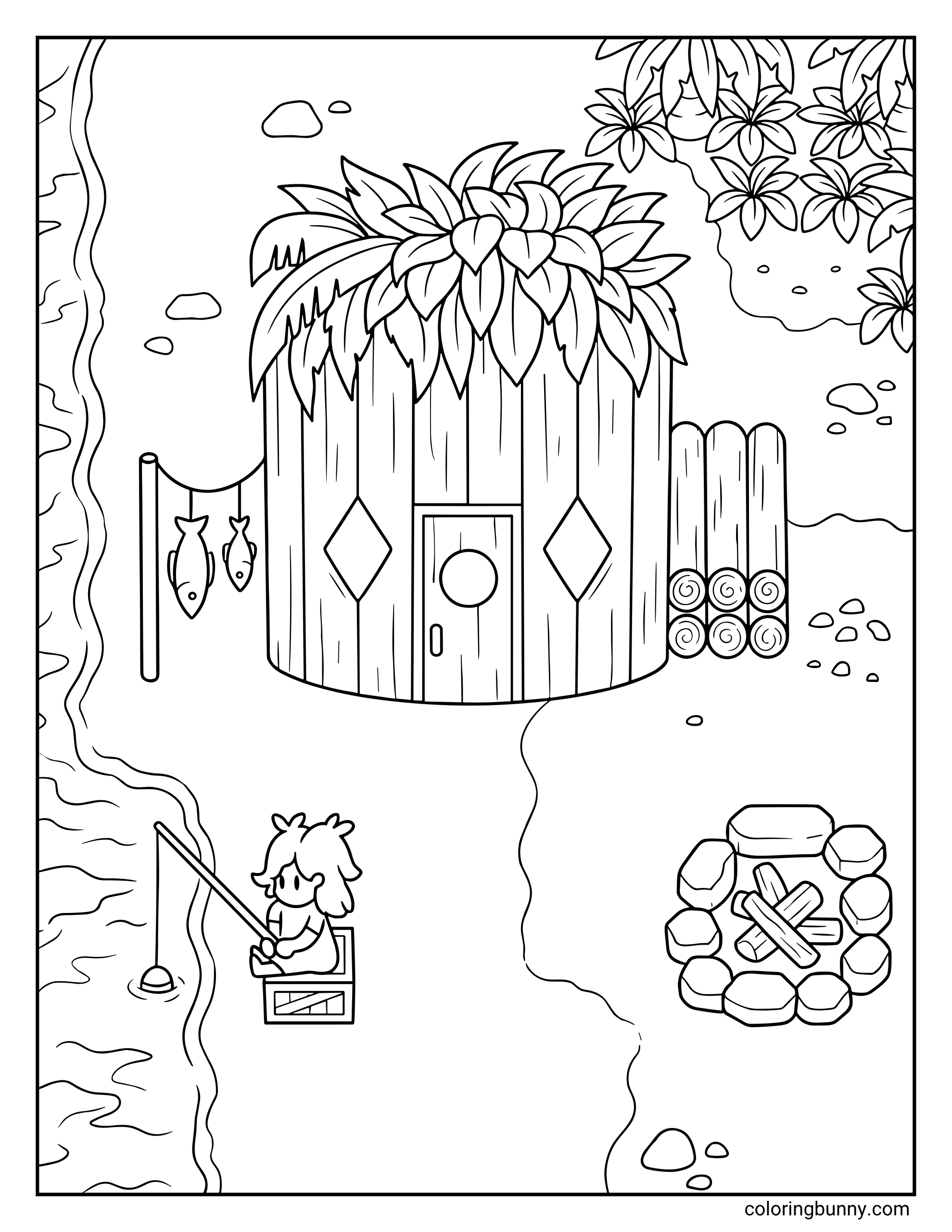 A Stardew Valley coloring page of Birdie's wooden beach shack on Ginger Island, showing a character fishing on a crate by the water next to a campfire and drying fish.