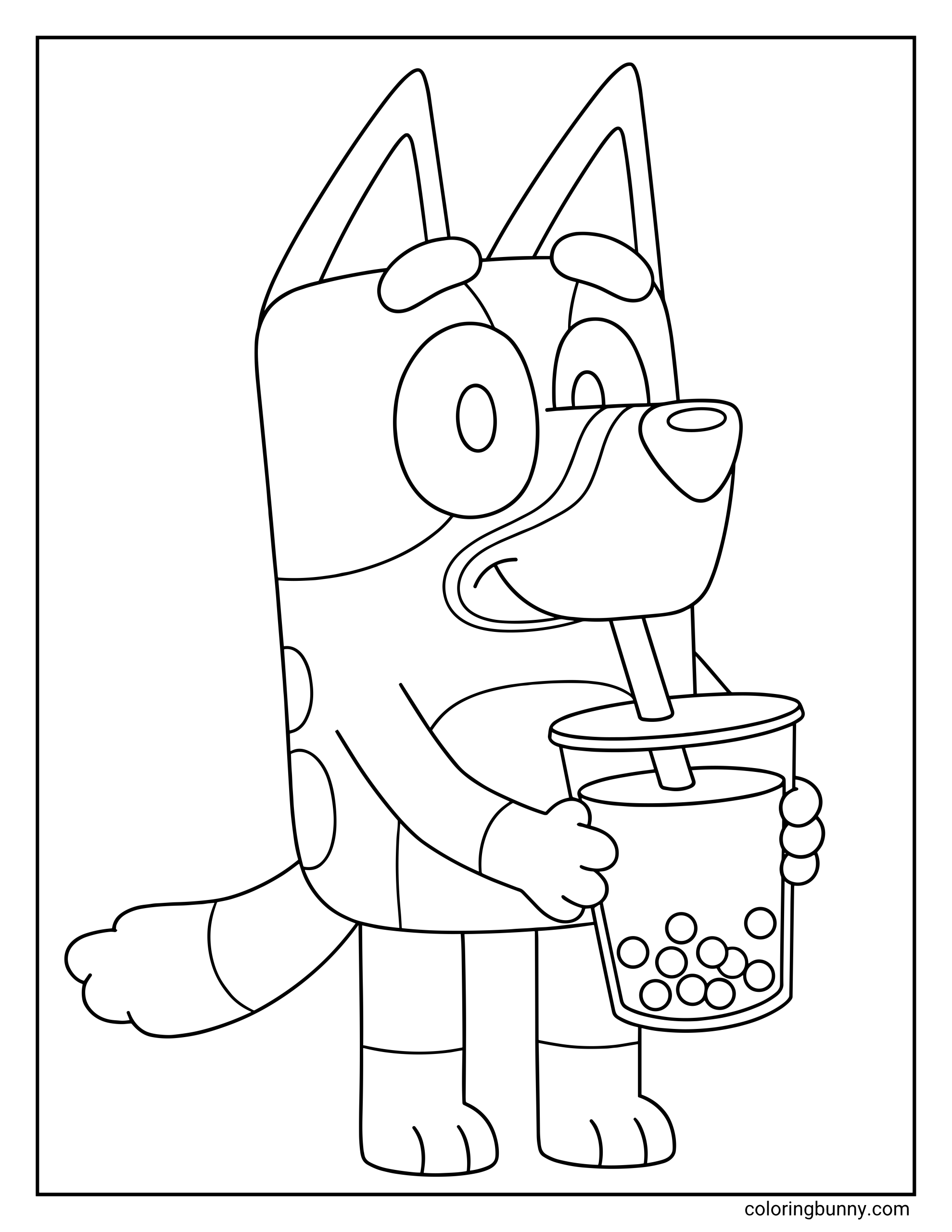 Bluey Boba Tea Coloring Page featuring Bluey the cartoon dog standing and happily sipping from a large boba tea cup with a thick straw.