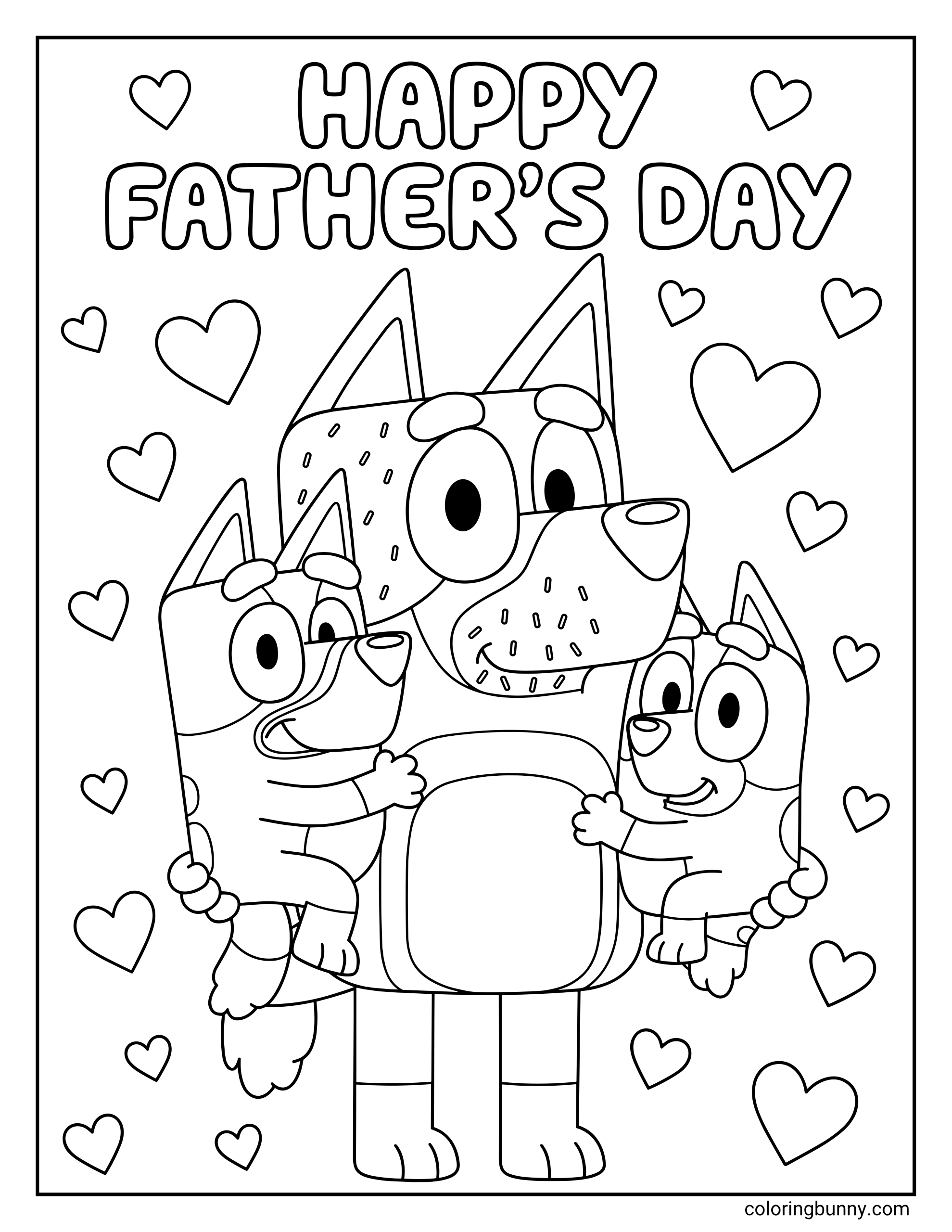 Bluey Father's Day Coloring Page featuring Bandit Heeler holding Bluey and Bingo in his arms, with bubble text at the top that reads "HAPPY FATHER'S DAY" and fifteen small hearts floating in the background.
