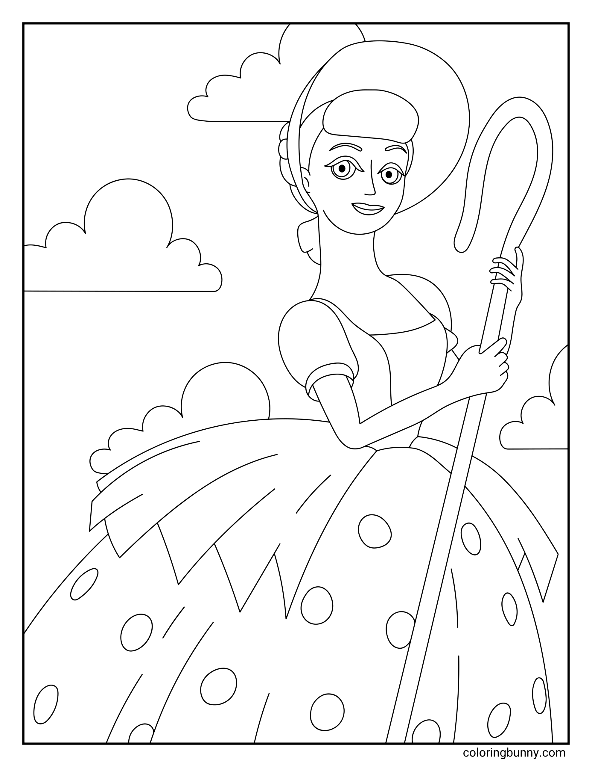 A coloring page of Bo Peep from Toy Story featuring a detailed black and white outline of the shepherdess holding her crook while wearing her classic dress and bonnet.