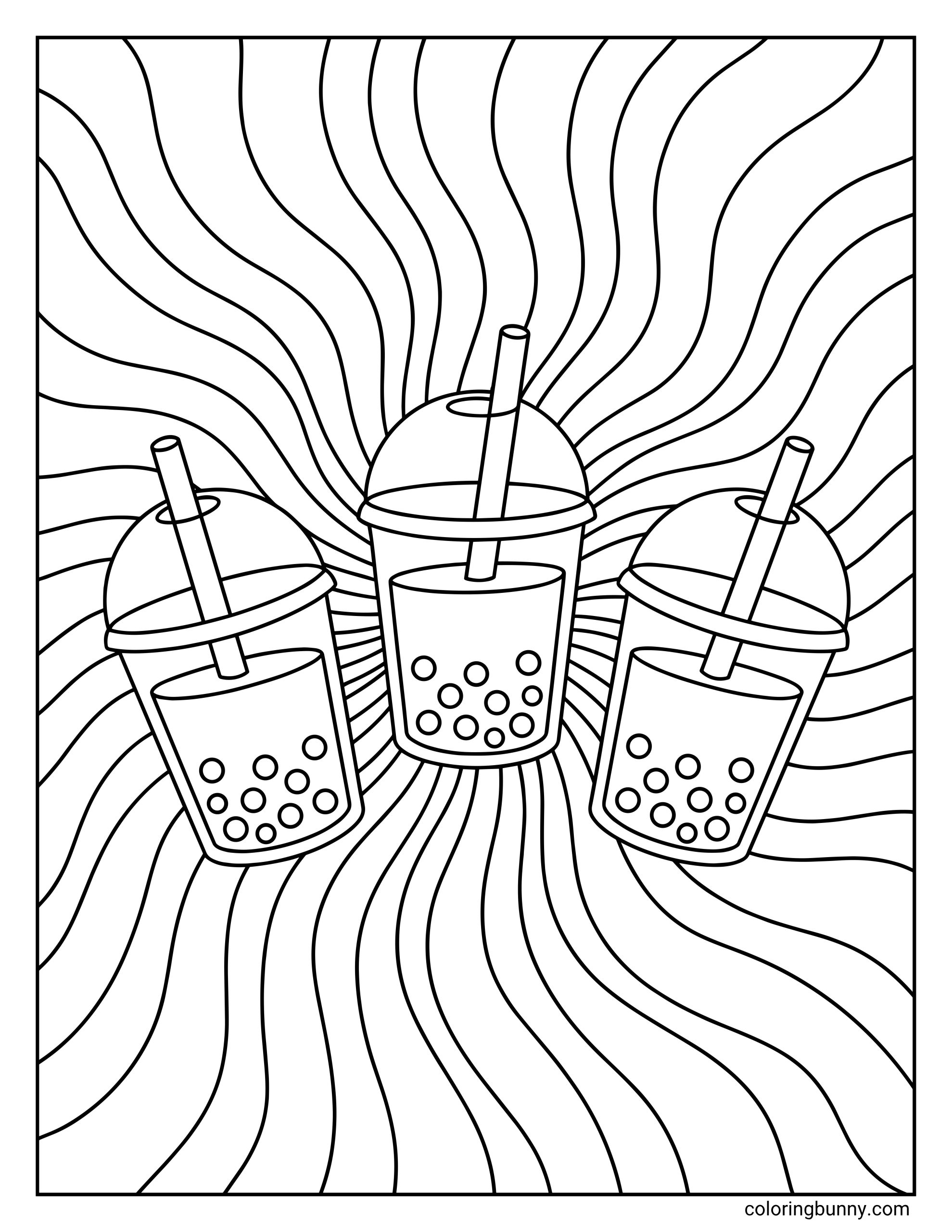 A coloring page of three boba tea drinks arranged across the center, each with a straw, domed lid, and pearls at the bottom, surrounded by bold wavy background lines.