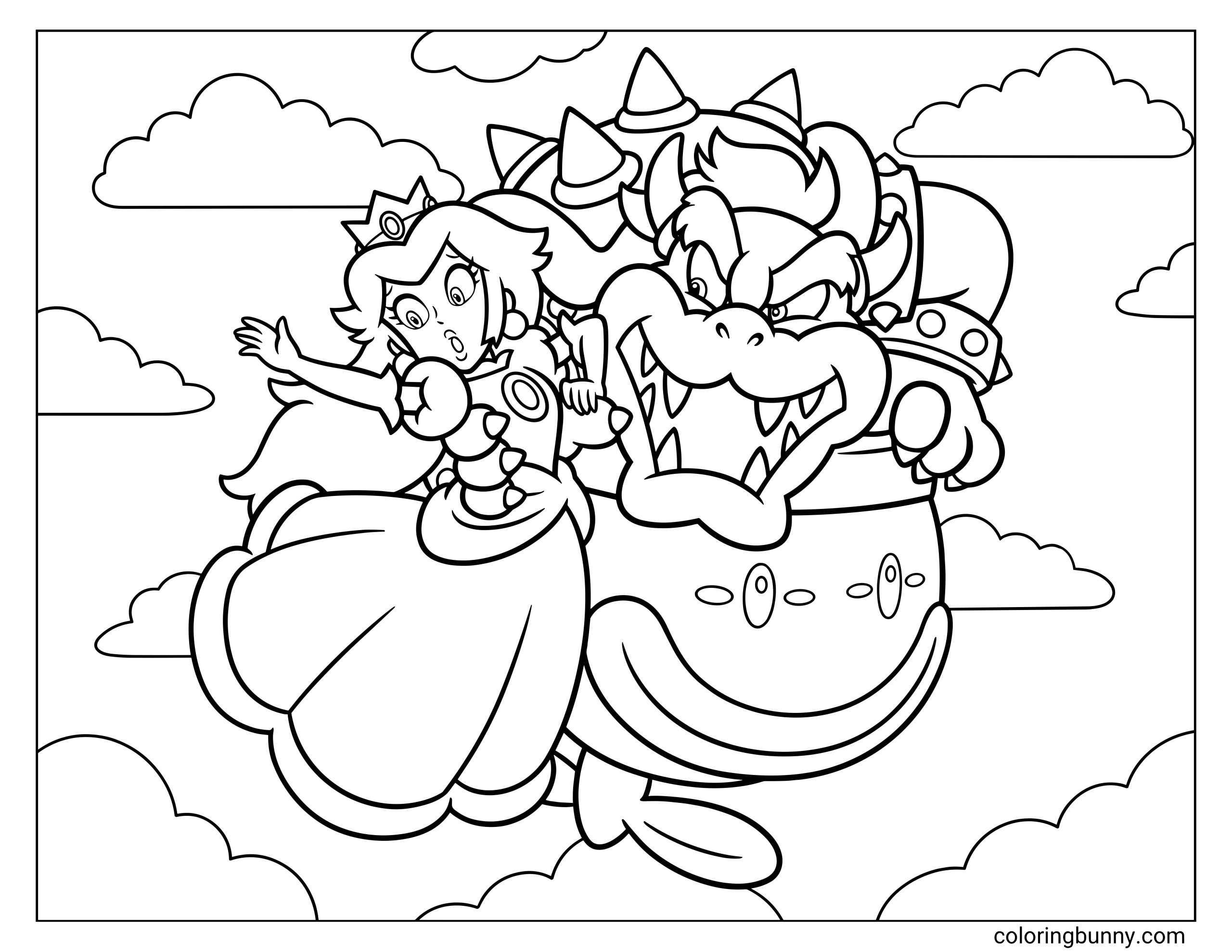 Princess Peach and Bowser coloring sheet showing Bowser carrying Peach away in his clown car, surrounded by clouds and dramatic Mario-style action.