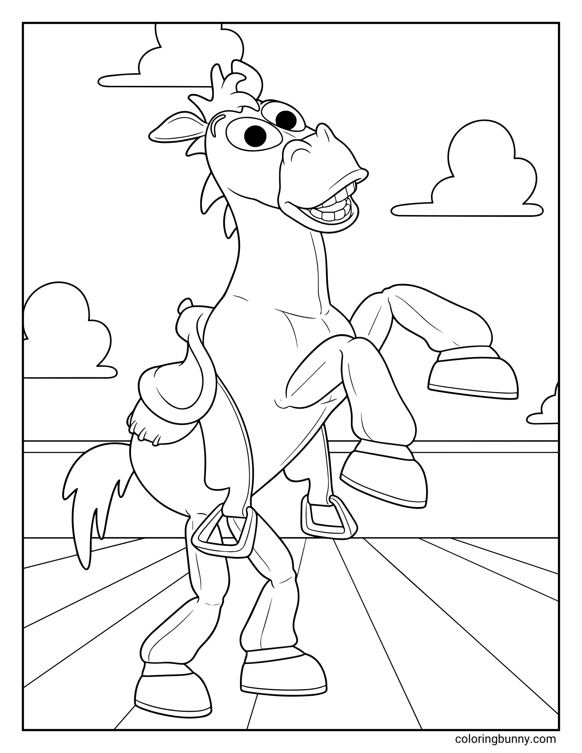 Bullseye Toy Story coloring page featuring the friendly horse rearing up on his back legs with a big smile, saddle, stirrups, horseshoes, clouds in the background, and a wooden floor below.