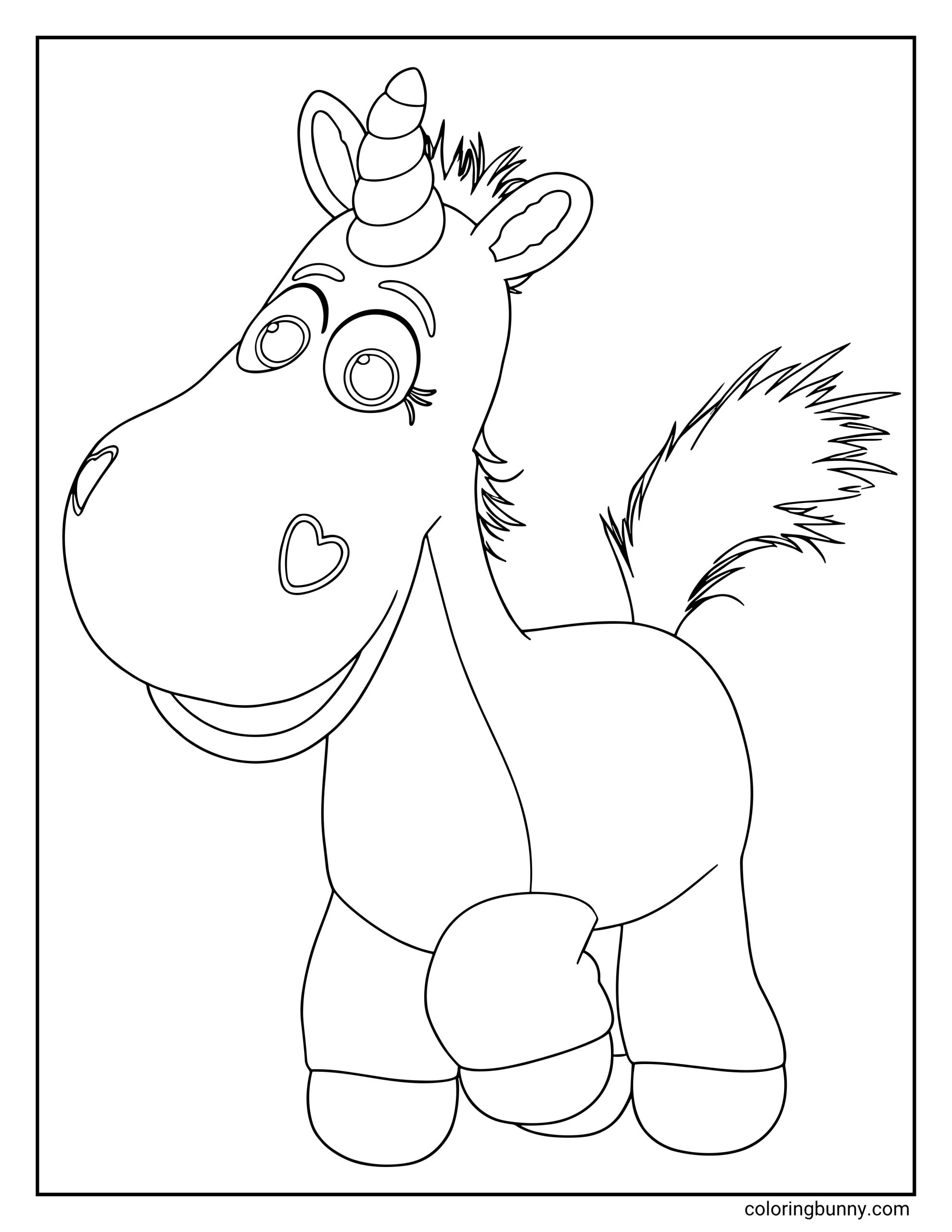 Coloring page of Buttercup from Toy Story in a full-body pose, with a spiral horn, fluffy tail, soft mane, rounded body, and heart details that make the unicorn easy to recognize.