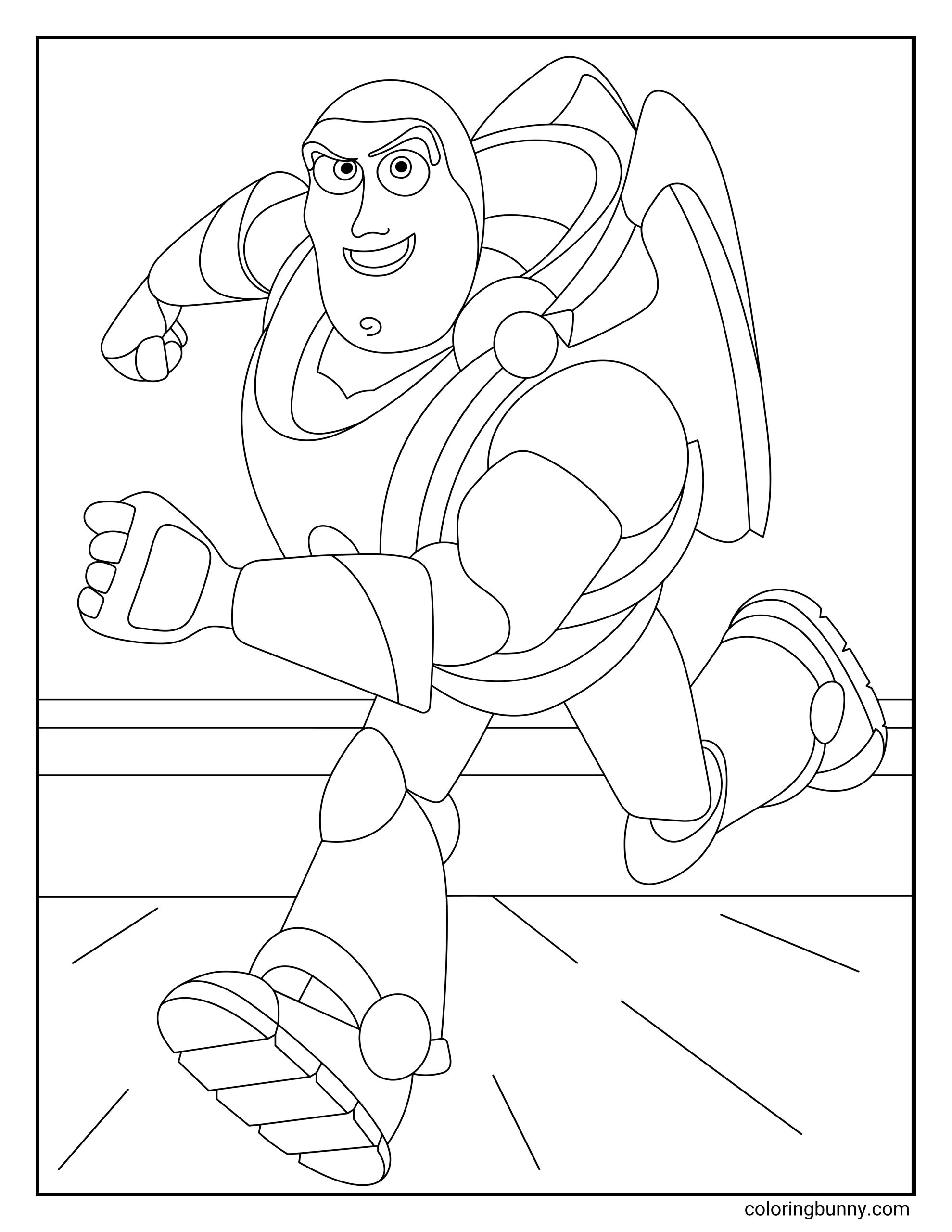 A coloring page of Buzz Lightyear from Toy Story displaying a clean black and white outline illustration of the iconic space ranger running forward with a confident expression.