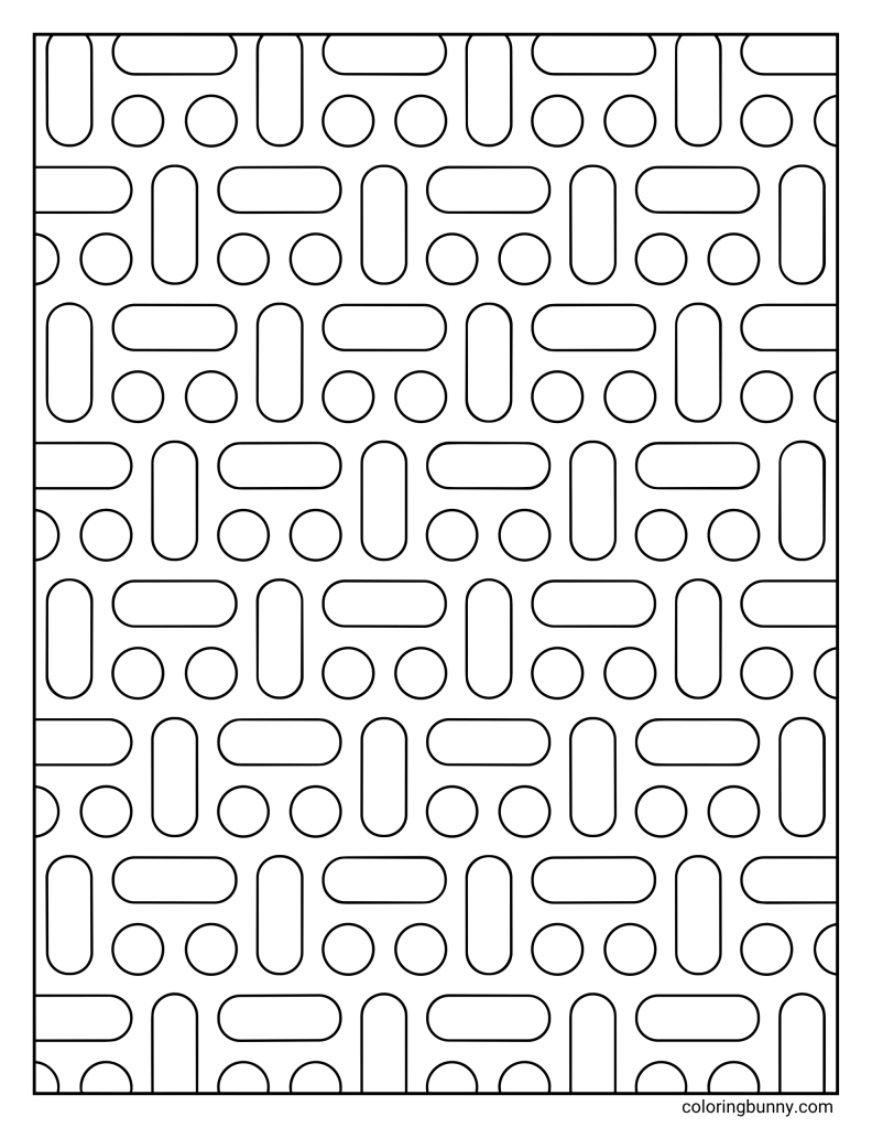 Capsule circle pattern coloring page featuring rows of rounded capsule shapes and small circles arranged in a tidy repeating layout inside a simple border.