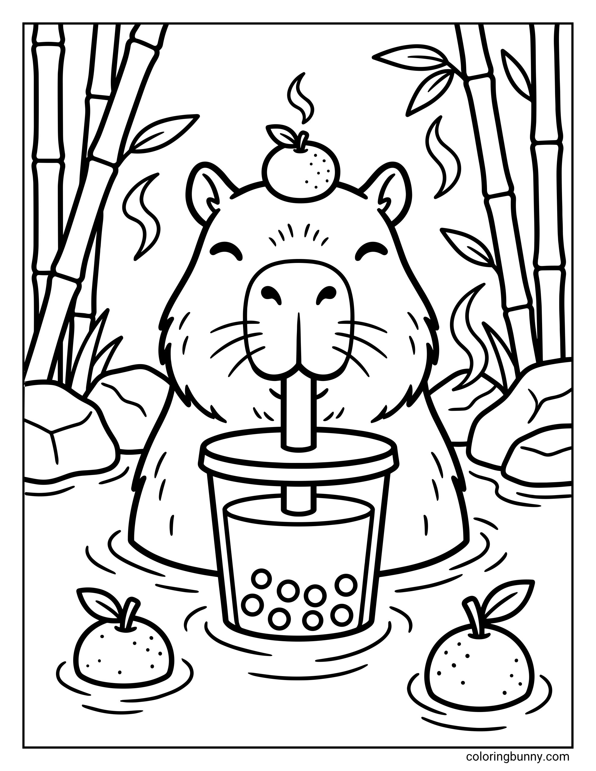 Coloring page of a cheerful capybara soaking in a warm pool while sipping boba tea, framed by tall bamboo stalks, rocks, rippling water lines, and floating oranges that give the whole scene a calm spa vibe.