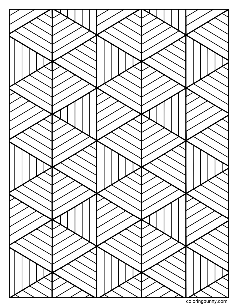 Chevron pattern coloring sheet showing rows of angled geometric shapes with striped line details, vertical sections, and diagonal bands inside a rectangular border.