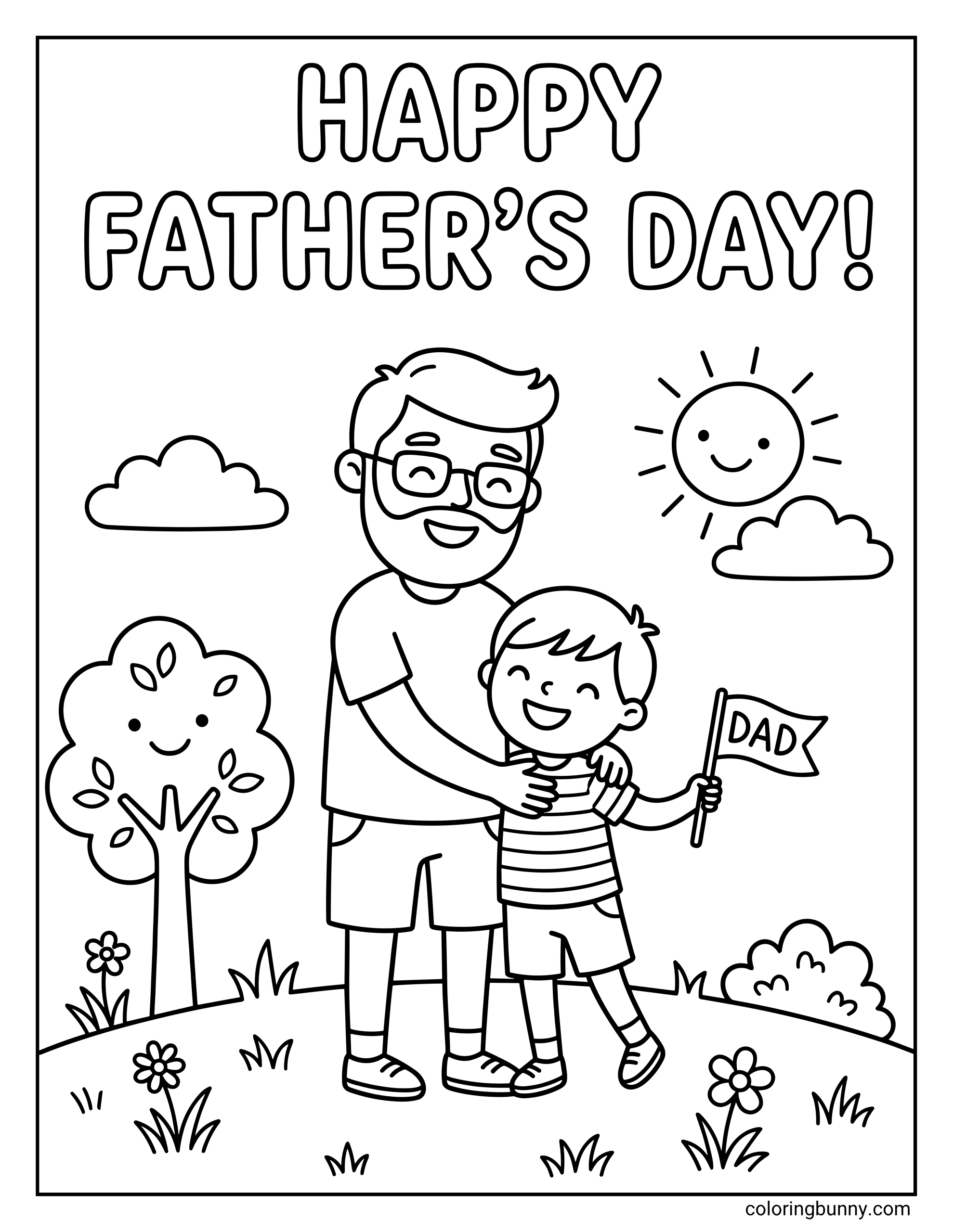Cute Father’s Day coloring page with a bearded dad wearing glasses and hugging a smiling child. The child is holding a small “DAD” flag, and the outdoor scene includes a sunny sky, soft clouds, flowers, and a happy little tree.