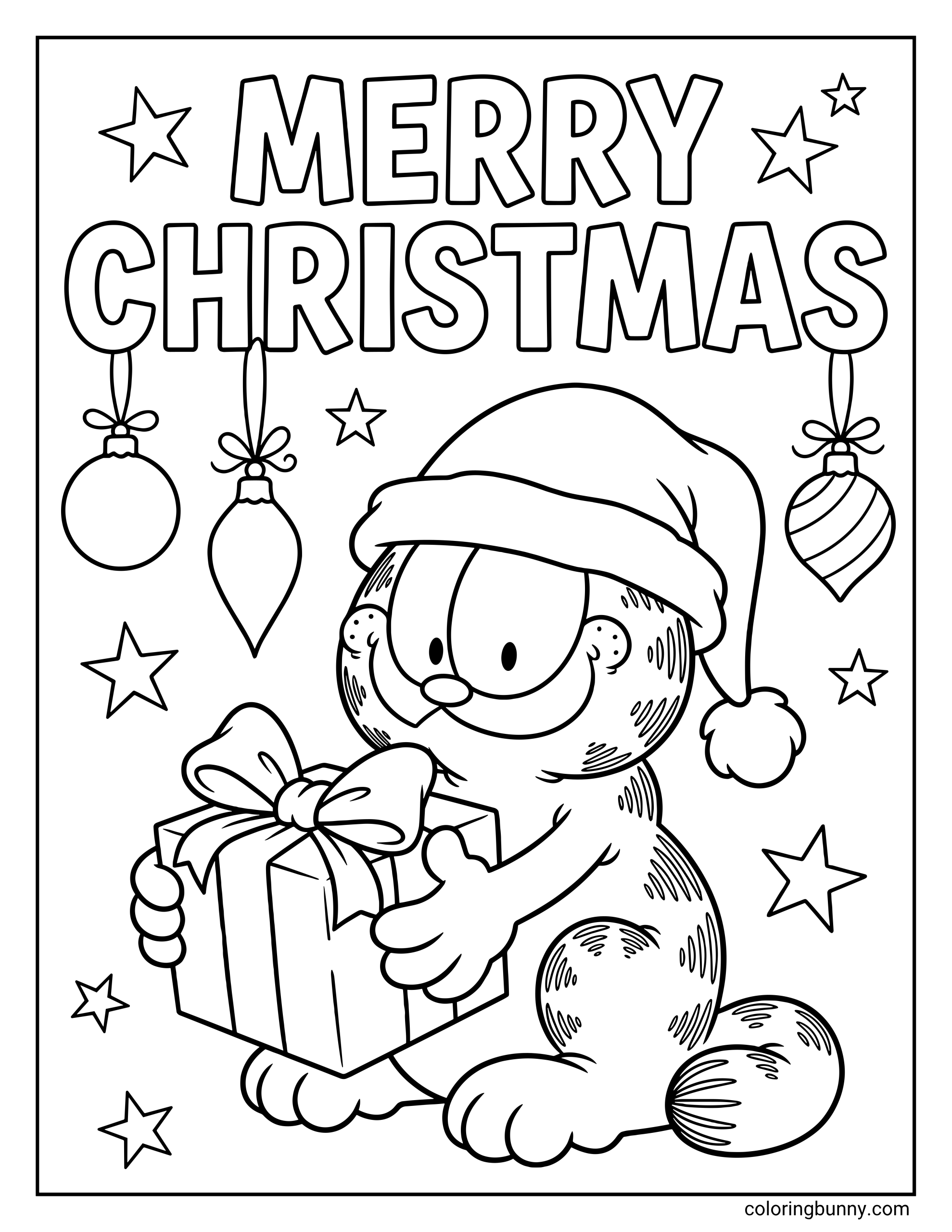 Christmas Garfield coloring page of Garfield wearing a Santa hat and holding a wrapped present, with large “Merry Christmas” lettering, hanging ornaments, bows, and star decorations.
