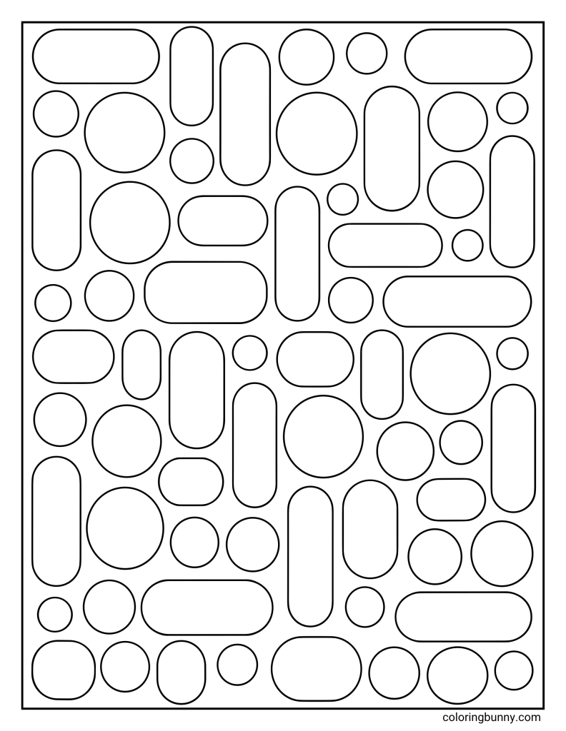 Pattern coloring page featuring rounded capsule-like shapes and circles of different sizes, placed in an abstract repeating composition within a rectangular frame.