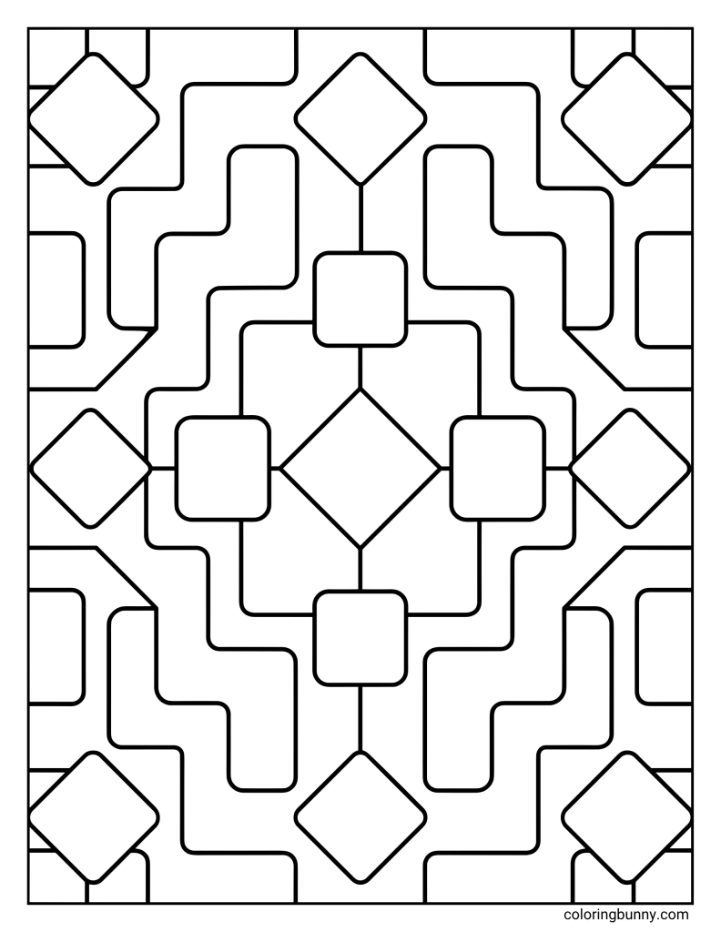 Geometric circuit path pattern coloring sheet showing a centered diamond shape surrounded by rounded square nodes, with smooth right-angle lines branching outward to additional diamond elements near the edges.