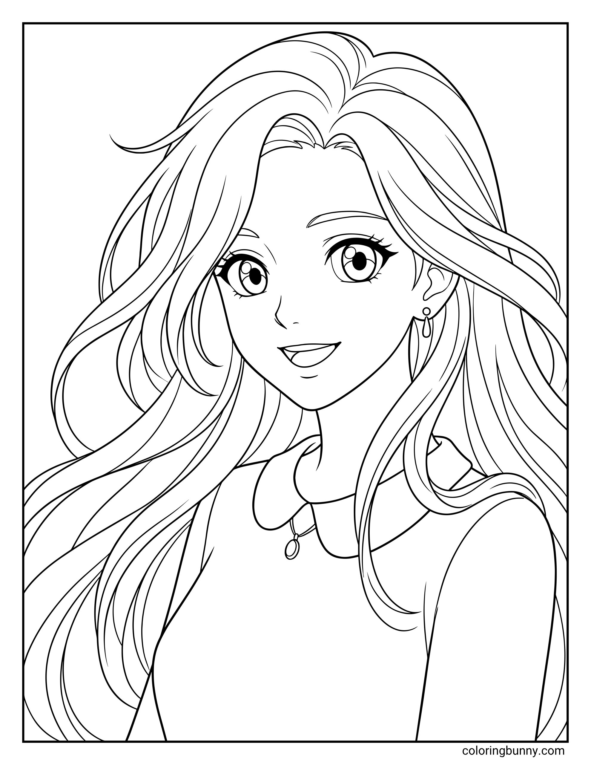 Anime girl coloring page featuring a close-up bust portrait of a smiling girl with thick, voluminous long wavy hair swept to one side, wearing a Peter Pan collar shirt, a delicate pendant necklace, and small teardrop earrings.