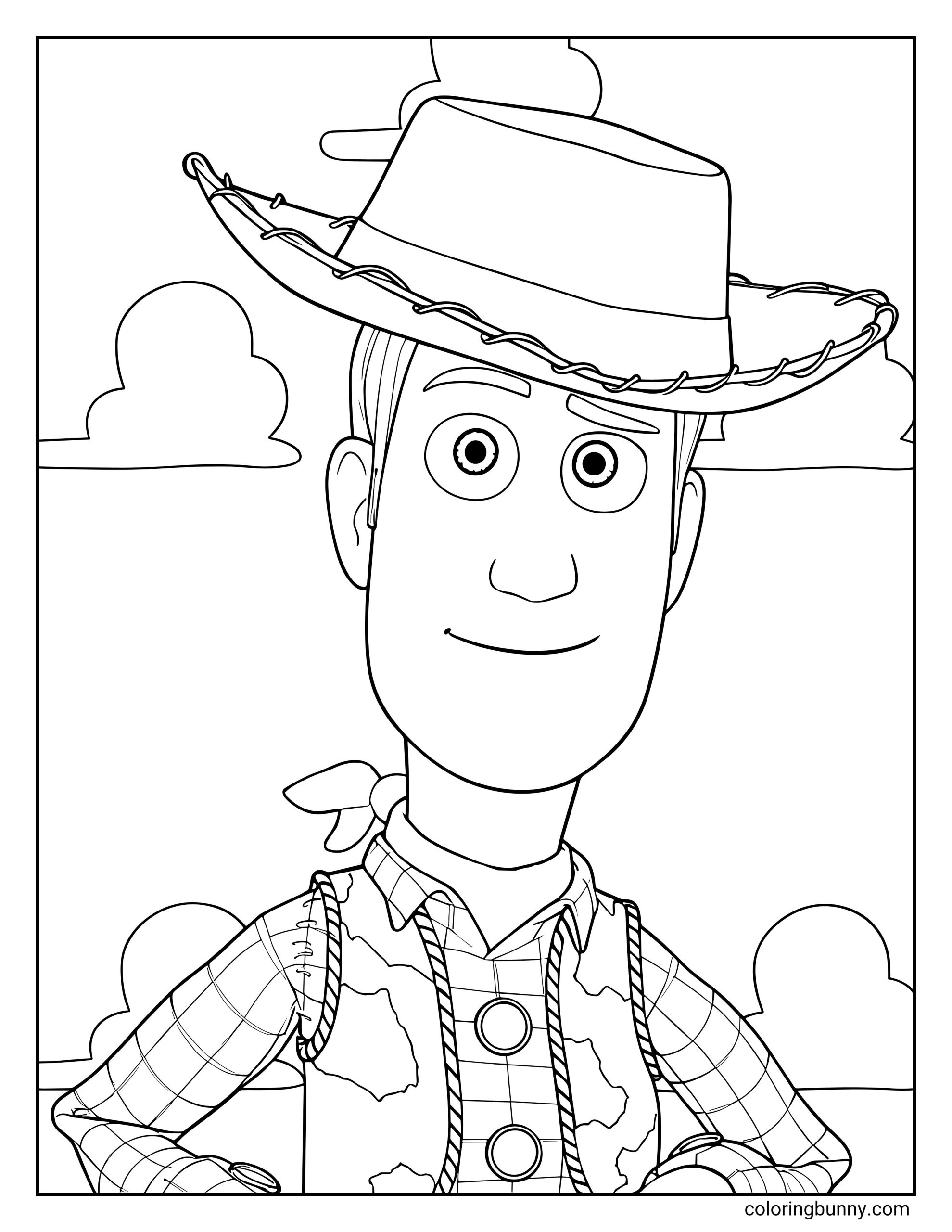 Woody Toy Story coloring page featuring a close-up portrait of the cowboy toy wearing his stitched hat, sheriff vest, plaid shirt, neckerchief, and a friendly smile, with clouds and a simple room background.
