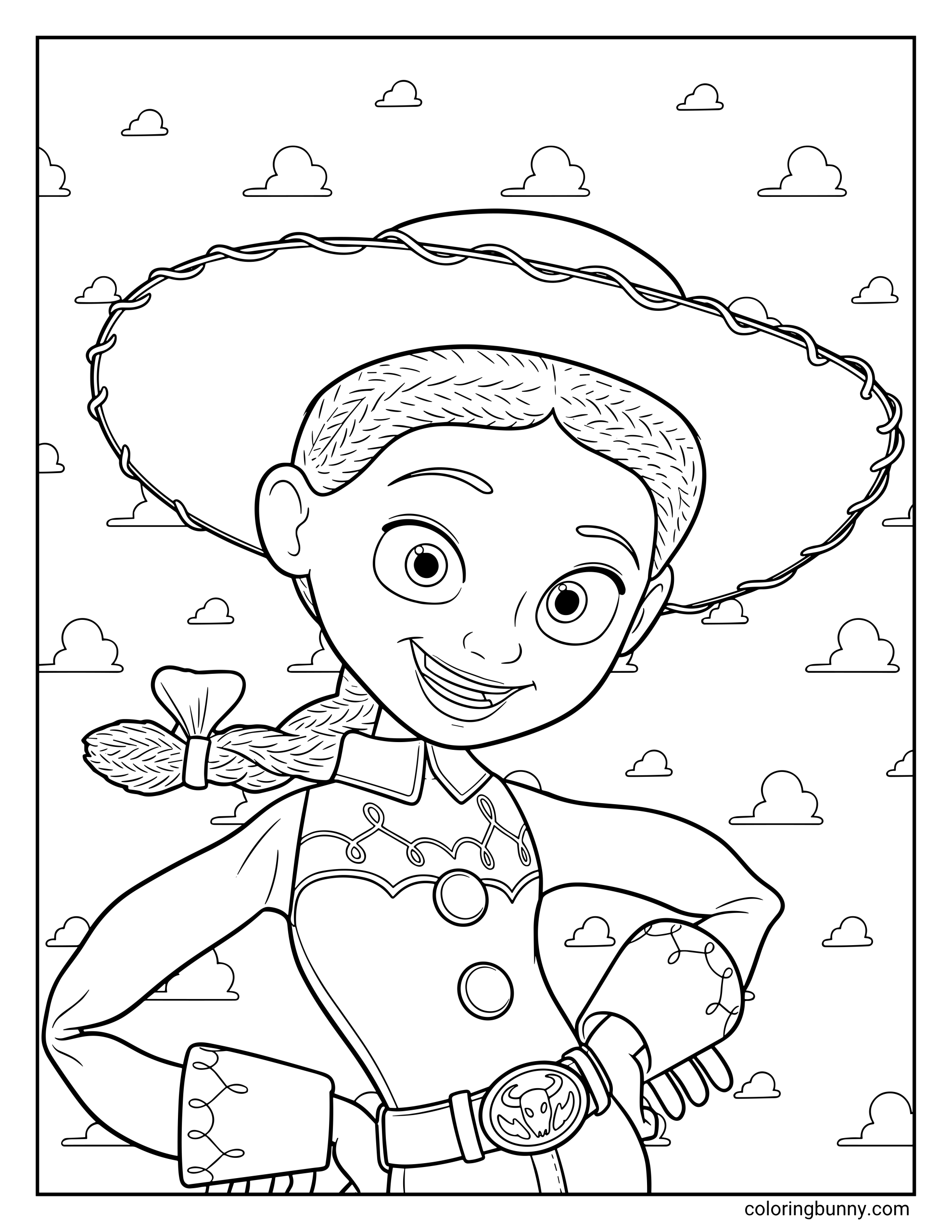 Jessie Toy Story coloring sheet featuring a close-up portrait of the cowgirl character with a broad hat, braided hair, smiling face, detailed outfit, hands on her hips, and repeated clouds in the background.
