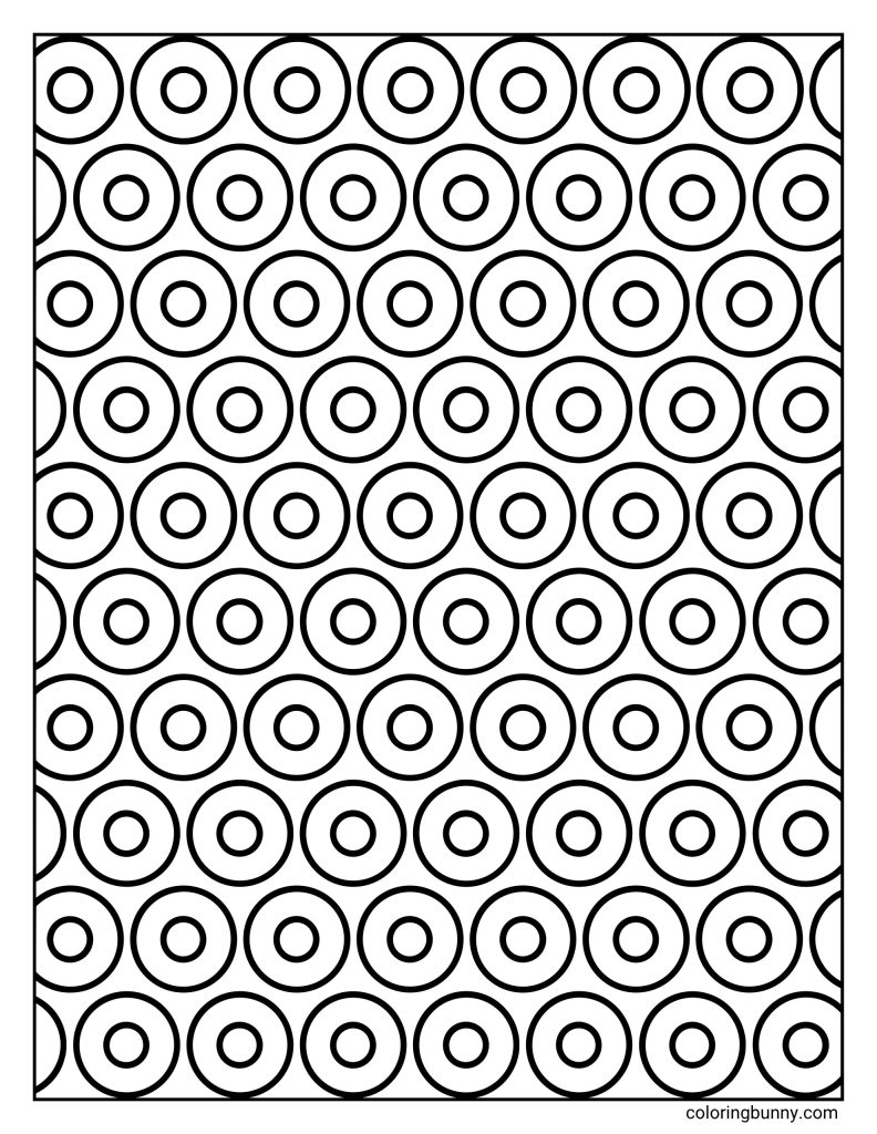 Concentric circle pattern coloring page featuring repeating circles with smaller circles inside, arranged in evenly spaced rows.