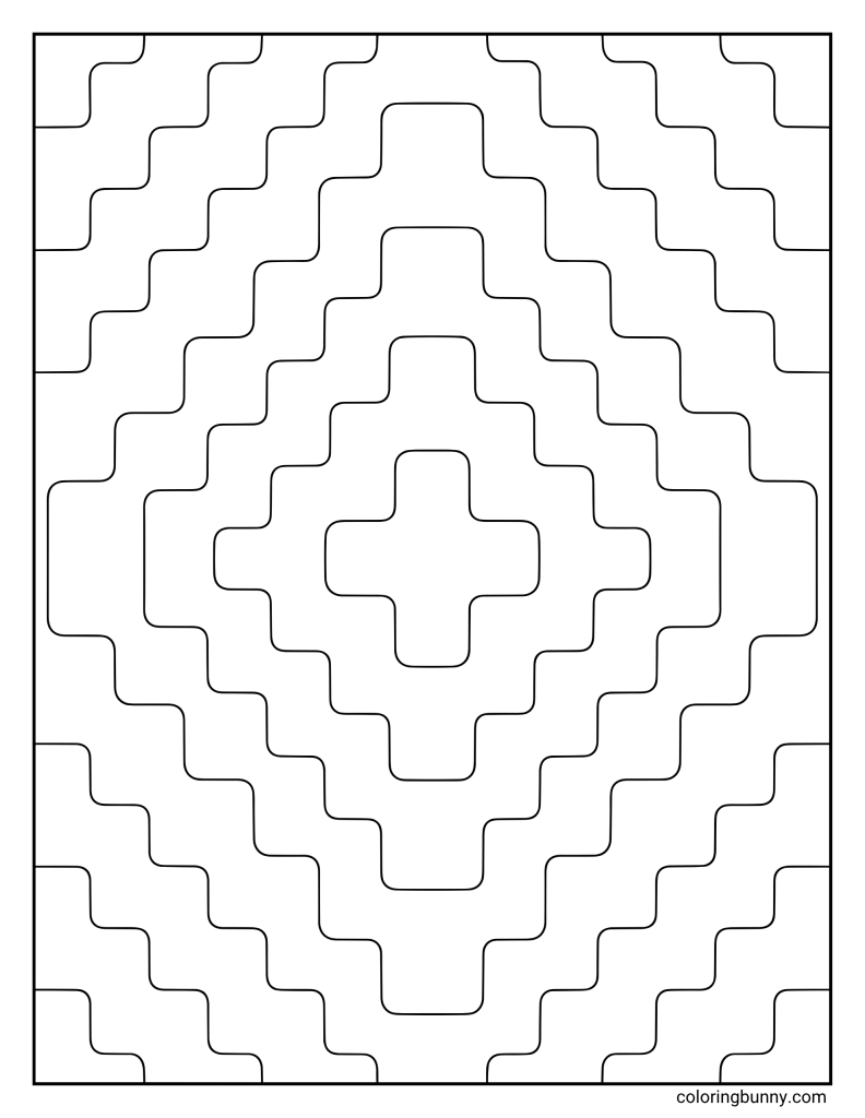 Concentric geometric path coloring page featuring a central cross shape surrounded by rounded stepped lines that expand outward in symmetrical layers, all enclosed within a clean rectangular border.