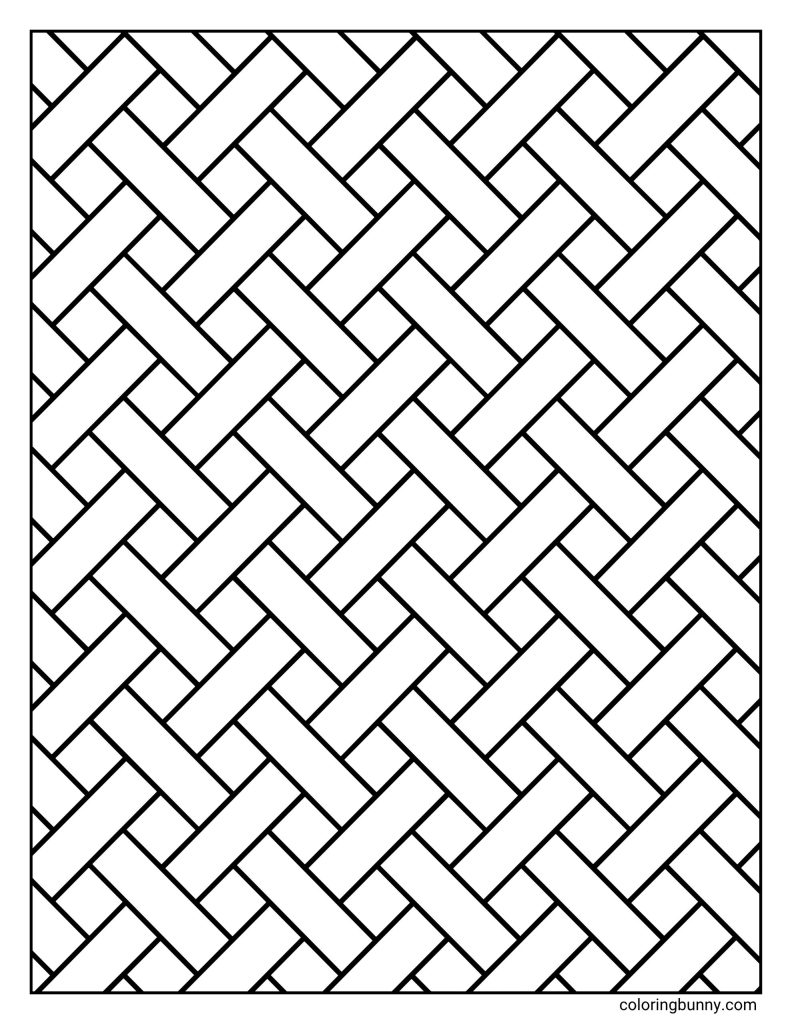 Cross weave pattern coloring page featuring thick diagonal bands arranged like an interlocking woven basket pattern.