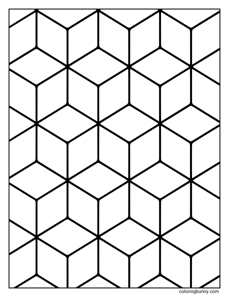 Cube geometric pattern coloring page featuring repeating 3D-style cube shapes made from straight lines and diamond-like sections.