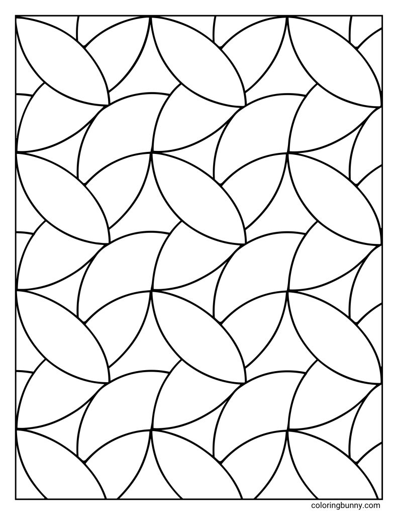 Curved lens geometric pattern coloring page featuring repeated overlapping oval and petal-like shapes arranged in a seamless tiled layout within a simple border.