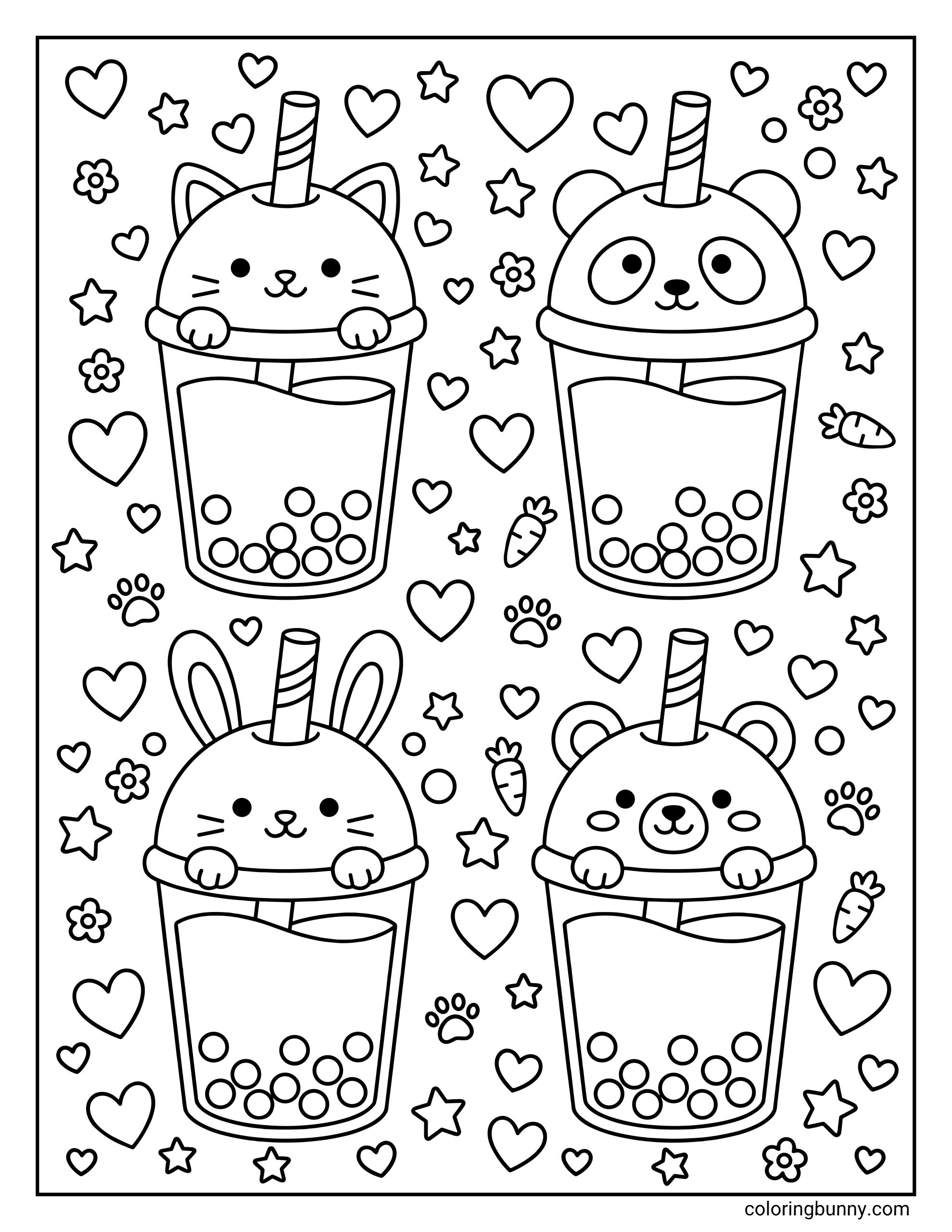 Kawaii boba tea animals coloring page featuring four cute animal characters peeking from drinks with big straws, including a cat, panda, bunny, and bear, all framed by hearts, stars, flowers, carrots, and paw prints.