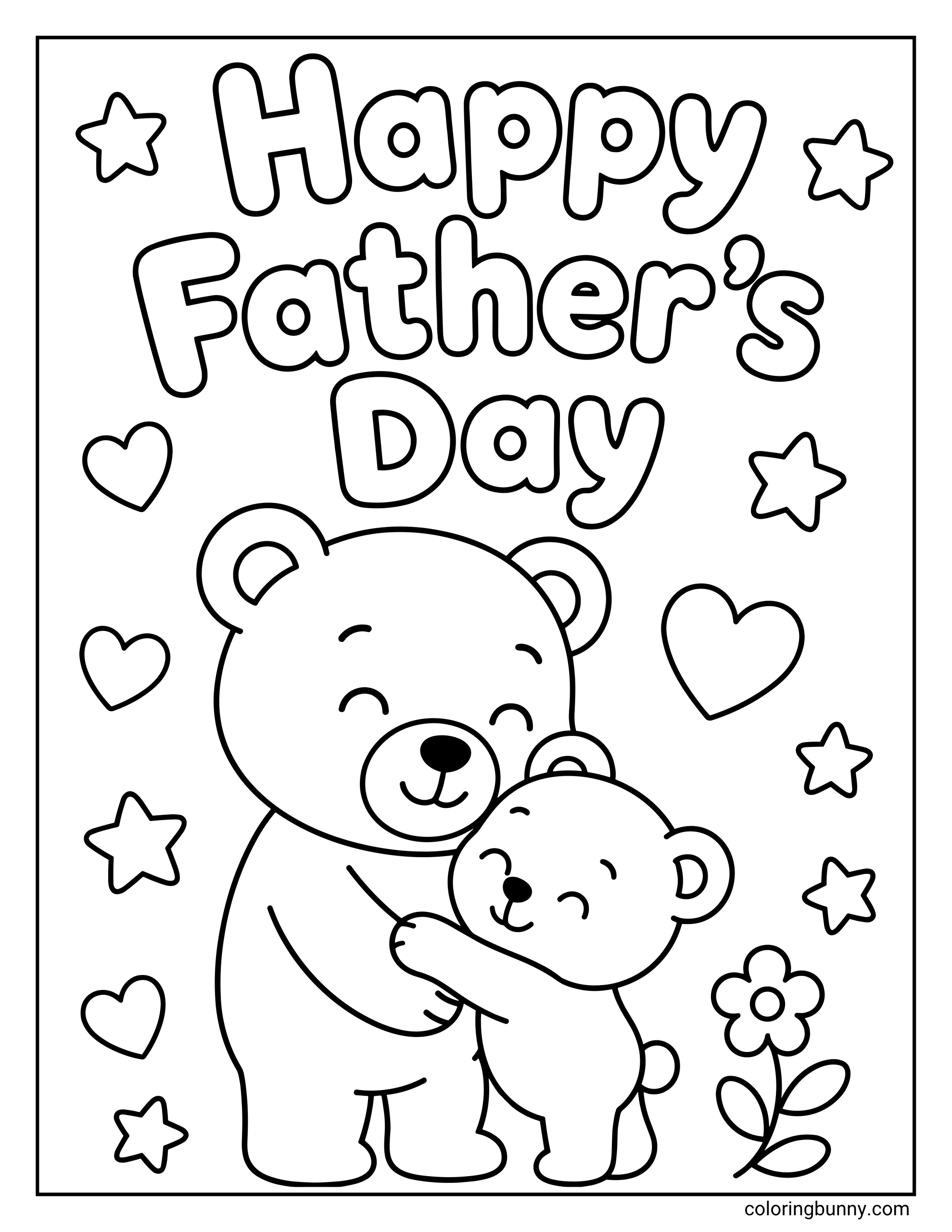 Father’s Day coloring sheet showing a big bear and a smaller bear sharing a sweet hug, surrounded by cheerful hearts, stars, and a flower under bold Father’s Day text.