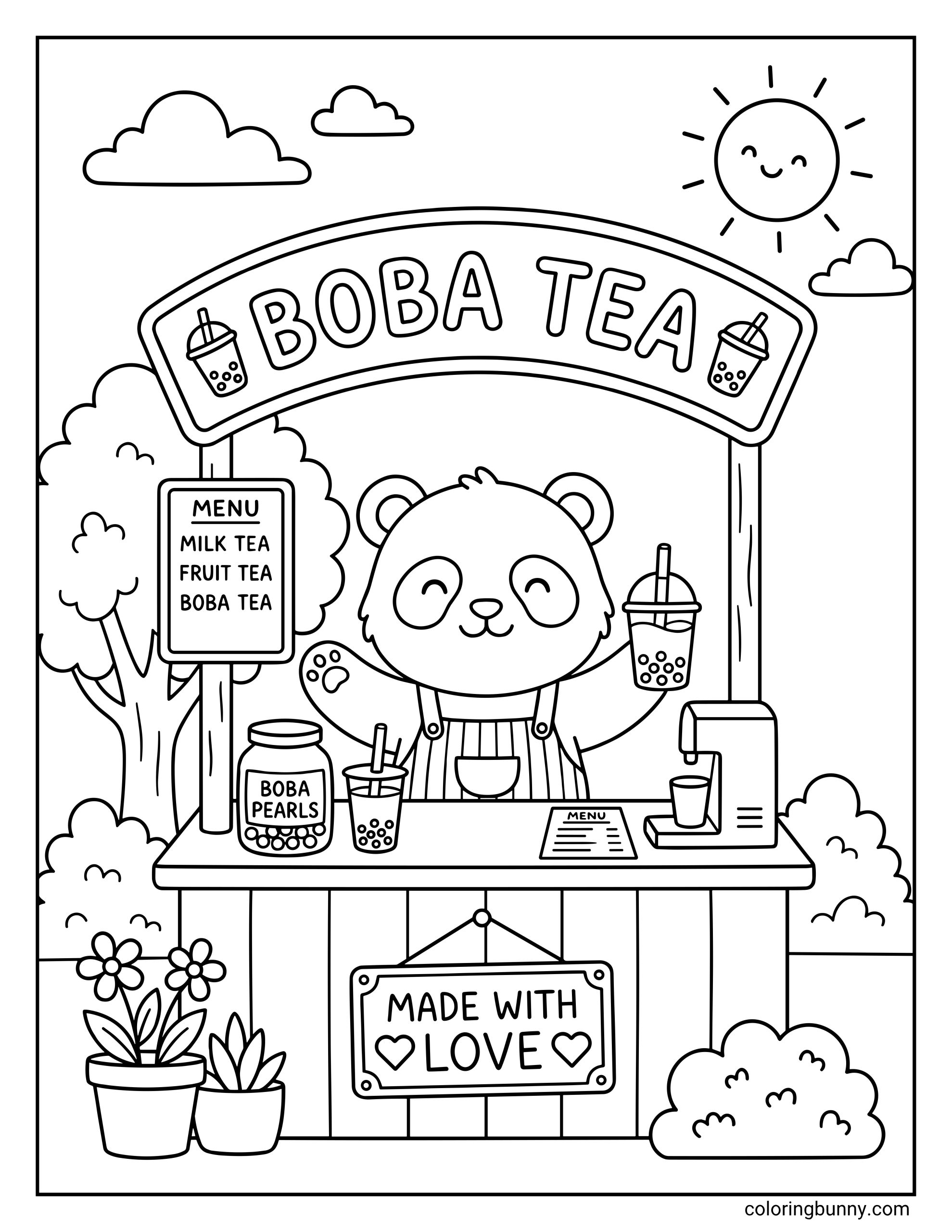 Boba tea coloring page featuring a cute cartoon panda bear standing behind a wooden market stall serving delicious bubble tea drinks on a bright sunny day.