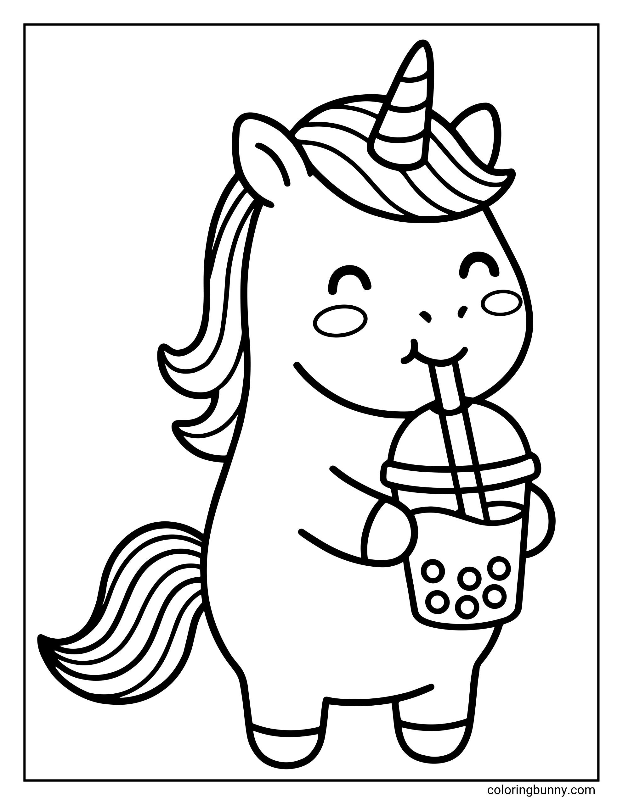 Boba tea coloring page featuring a sweet simple line art illustration of a baby unicorn standing on its hind legs and tightly gripping a tall cup of fresh milk boba tea packed with round tapioca balls.