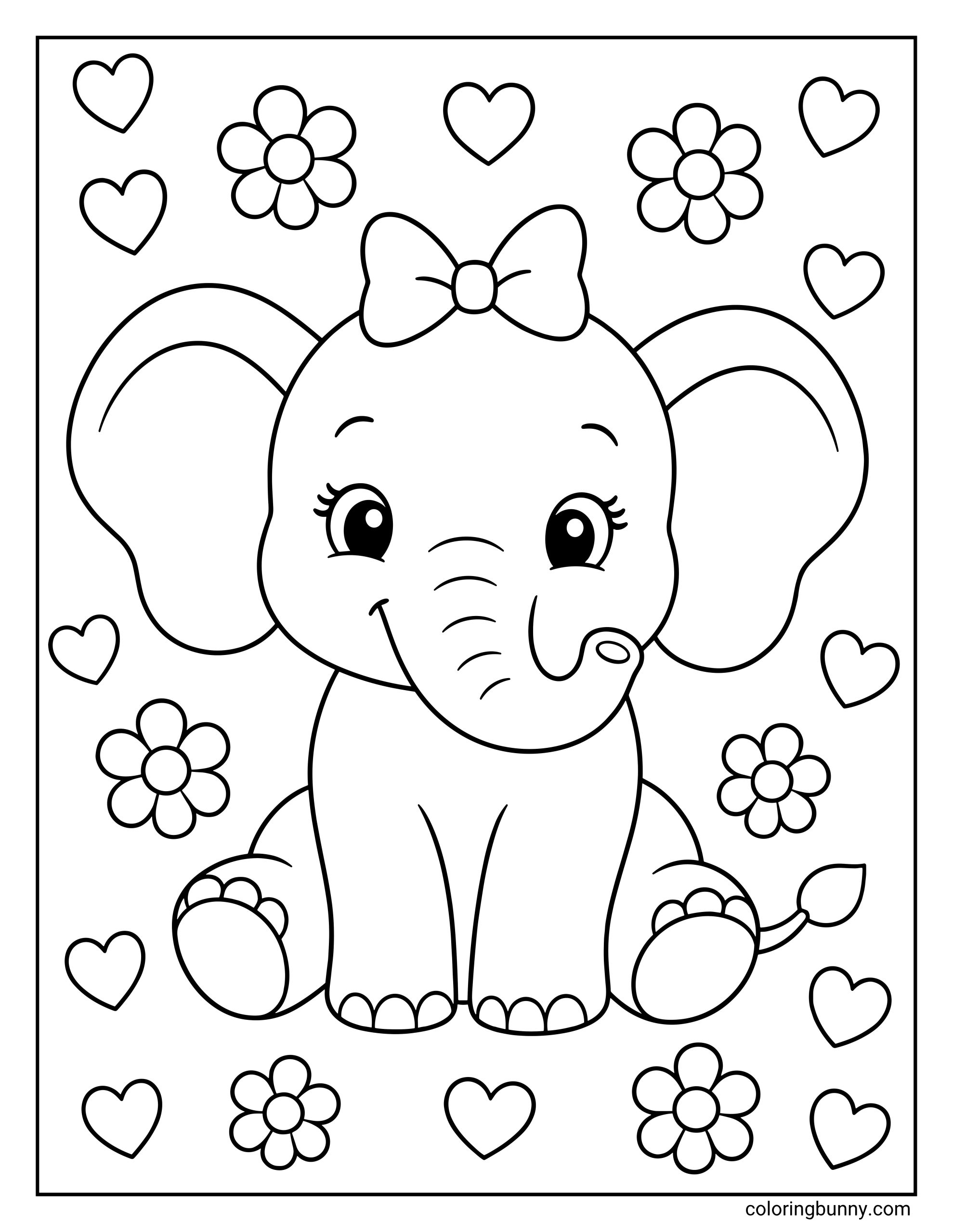A cute elephant with flowers and hearts coloring page showing an adorable baby elephant sitting down and wearing a large bow on its head, surrounded by a whimsical background pattern of floating hearts and daisy-like flowers.