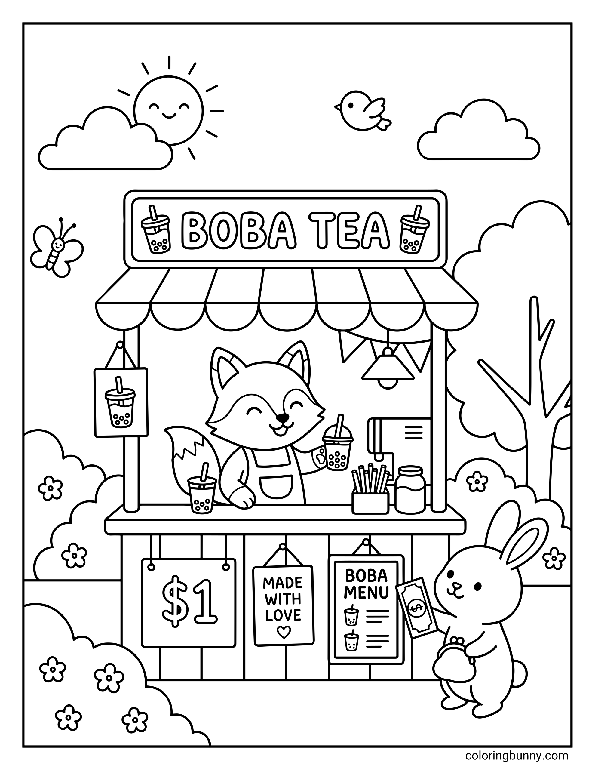 Boba tea coloring sheet of an outdoor market booth where a happy fox sells fresh boba tea for one dollar to a cute bunny customer, surrounded by a lovely landscape of leafy background trees, flowering shrubs, two fluffy clouds, and a radiant smiling sun.