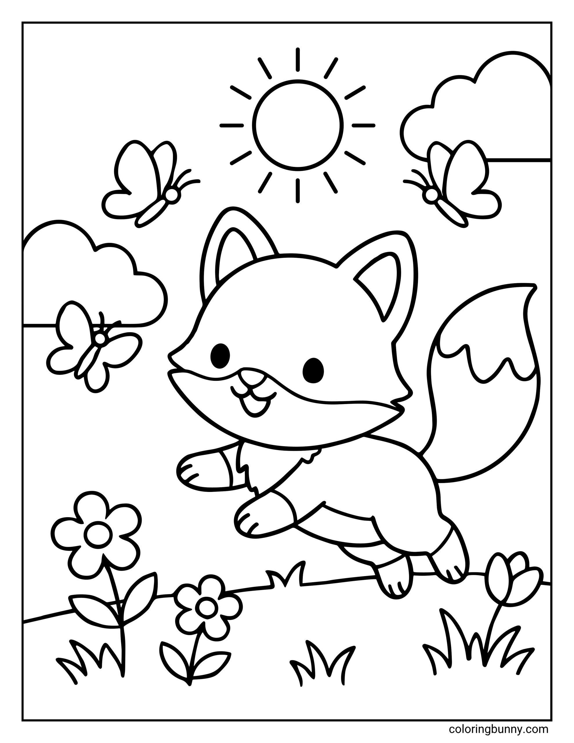 A simple coloring page of a happy, baby fox playing with butterflies in a grassy meadow filled with blooming flowers under a bright smiling sun and fluffy clouds.