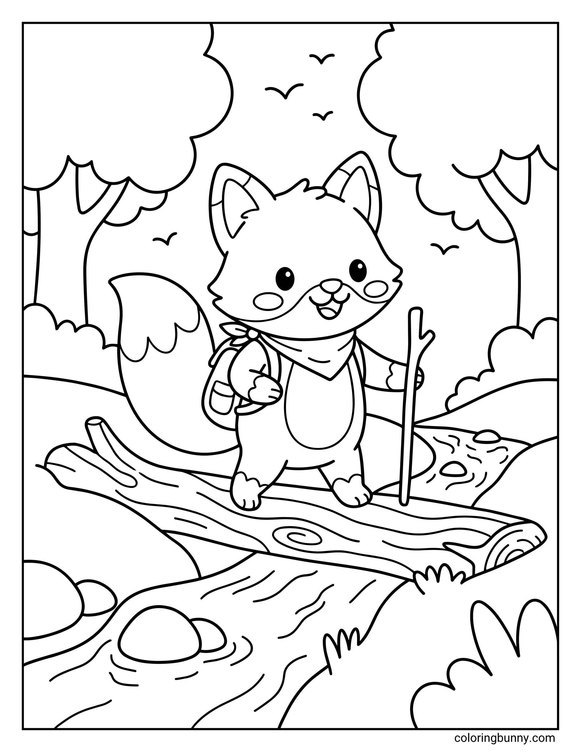 A coloring page of a cartoon fox explorer wearing a backpack and bandana, balancing on a log bridge across a flowing stream in a forest with birds flying above.
