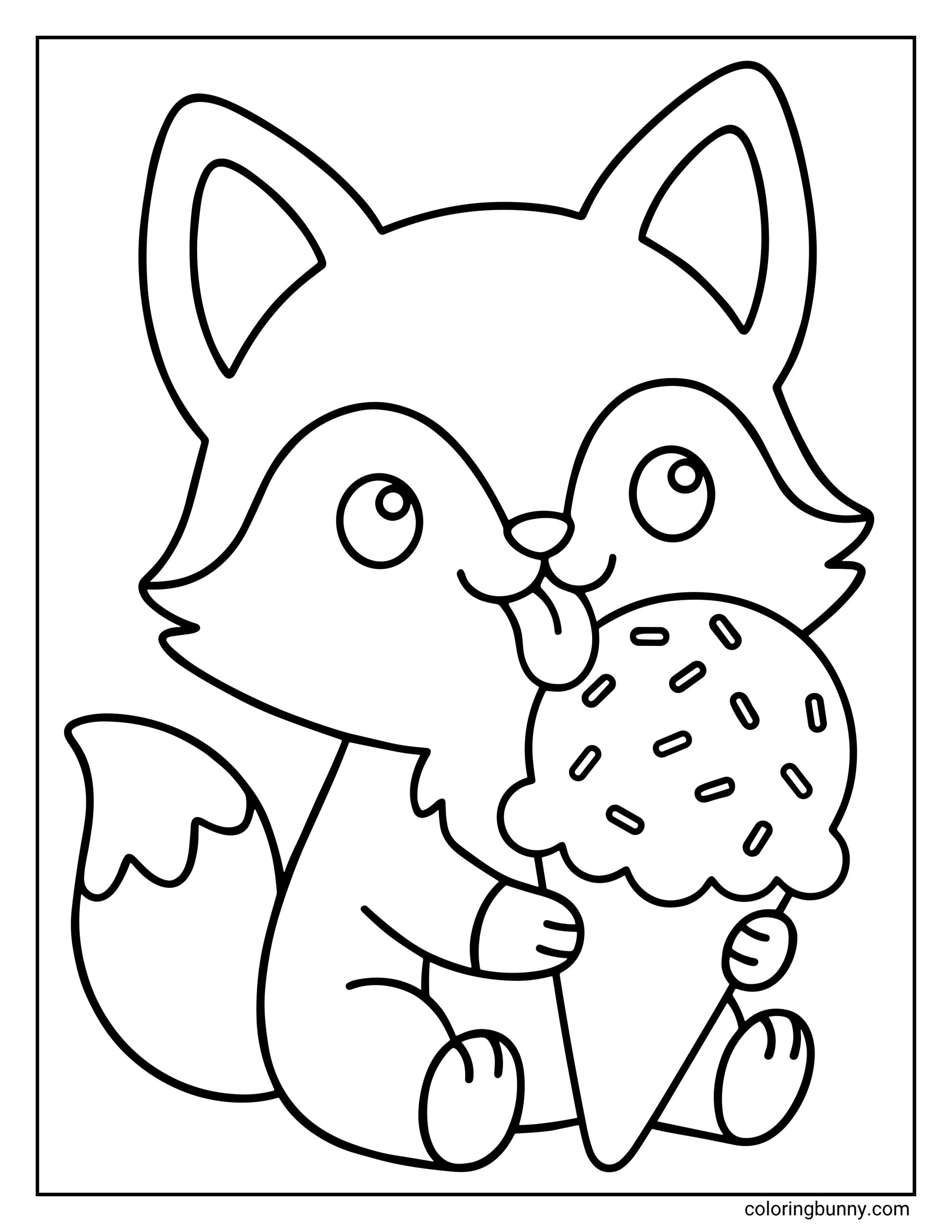 A simple and cute coloring page depicting a wide-eyed, happy baby fox sitting down and happily licking a giant ice cream cone covered in sprinkles.
