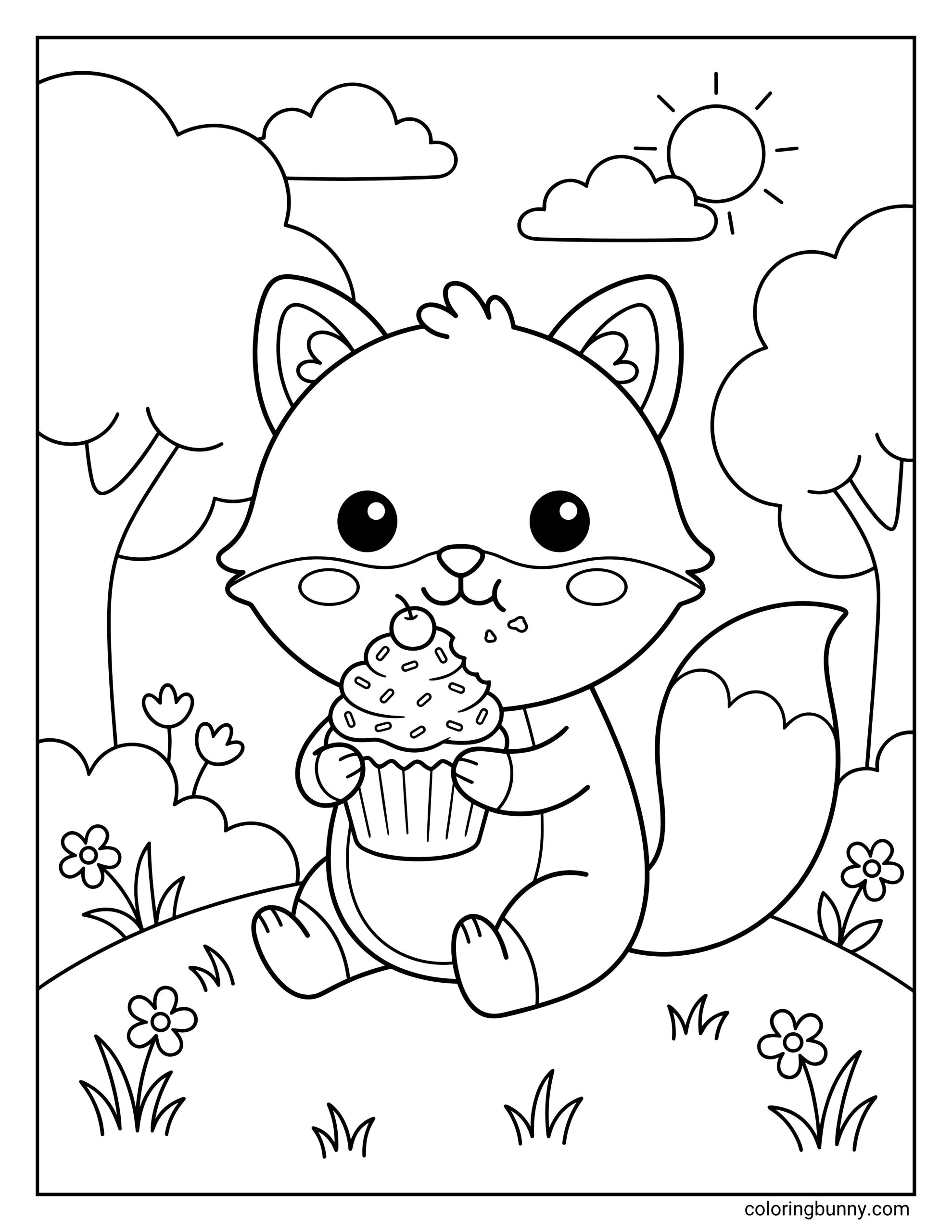 A cute coloring page featuring a wide-eyed baby fox sitting on a grassy hill in a forest, happily munching on a large cupcake topped with frosting, sprinkles, and a cherry under a sunny sky.