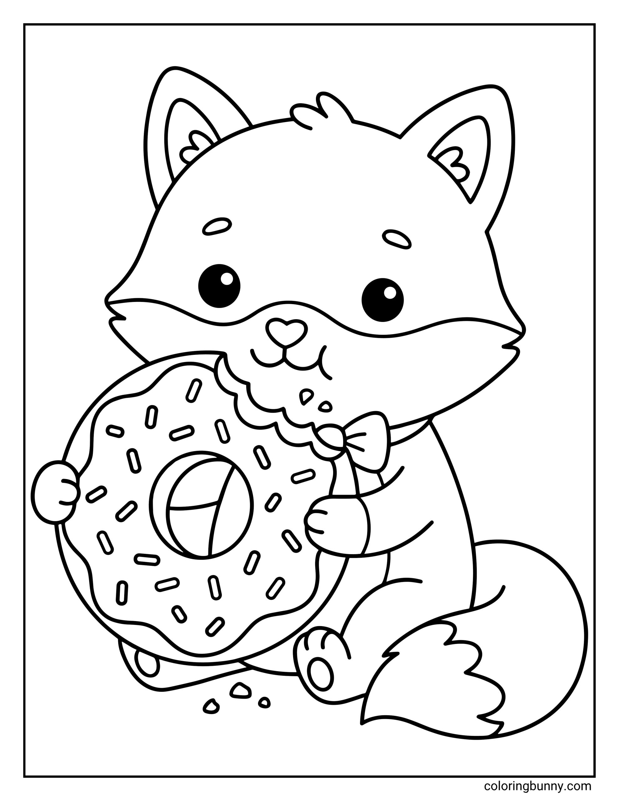 A coloring page showing an adorable baby fox sitting down and happily eating a giant frosted donut covered in sprinkles, with little crumbs scattered on the floor.