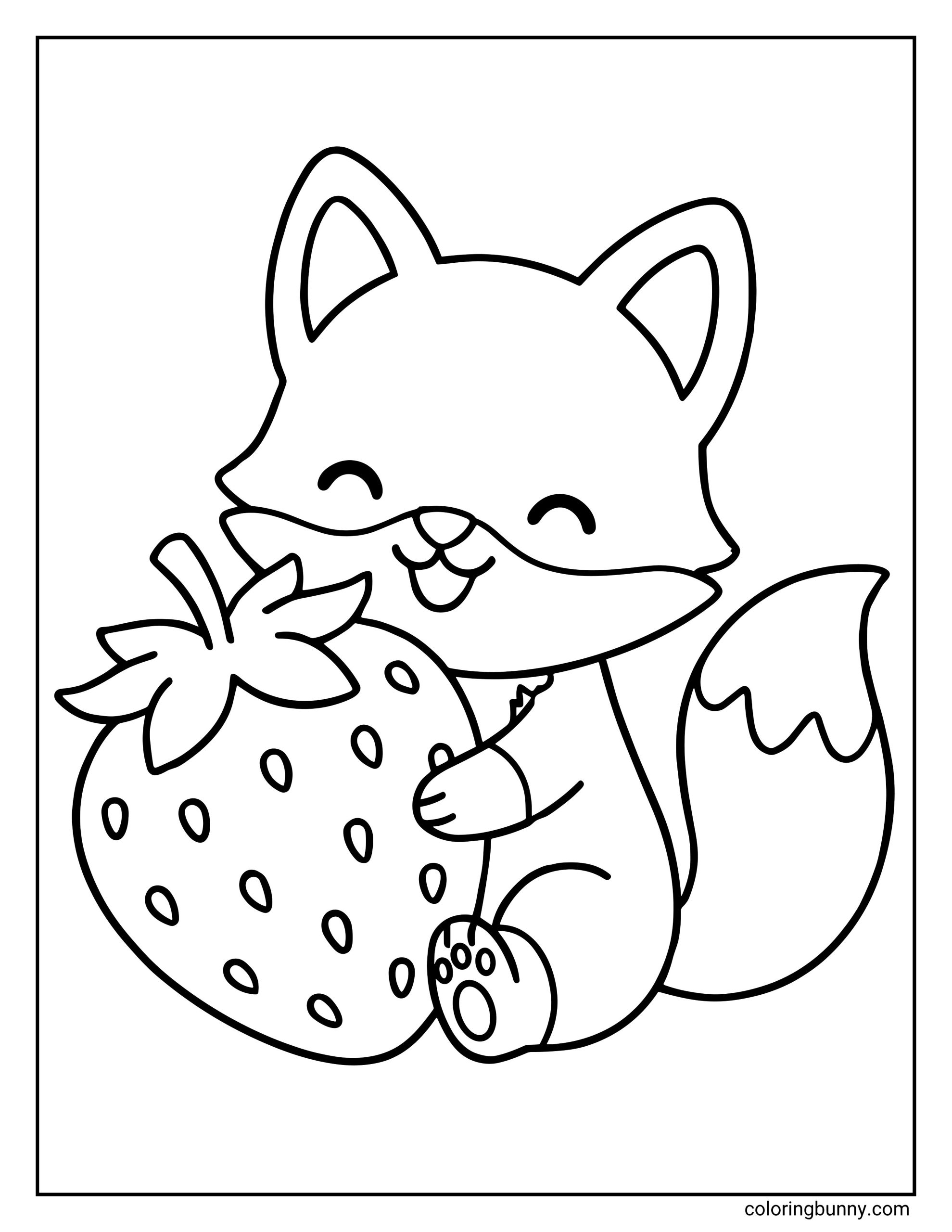A coloring page featuring a sweet baby fox sitting down and happily hugging a massive strawberry with a leafy green top and tiny seeds.