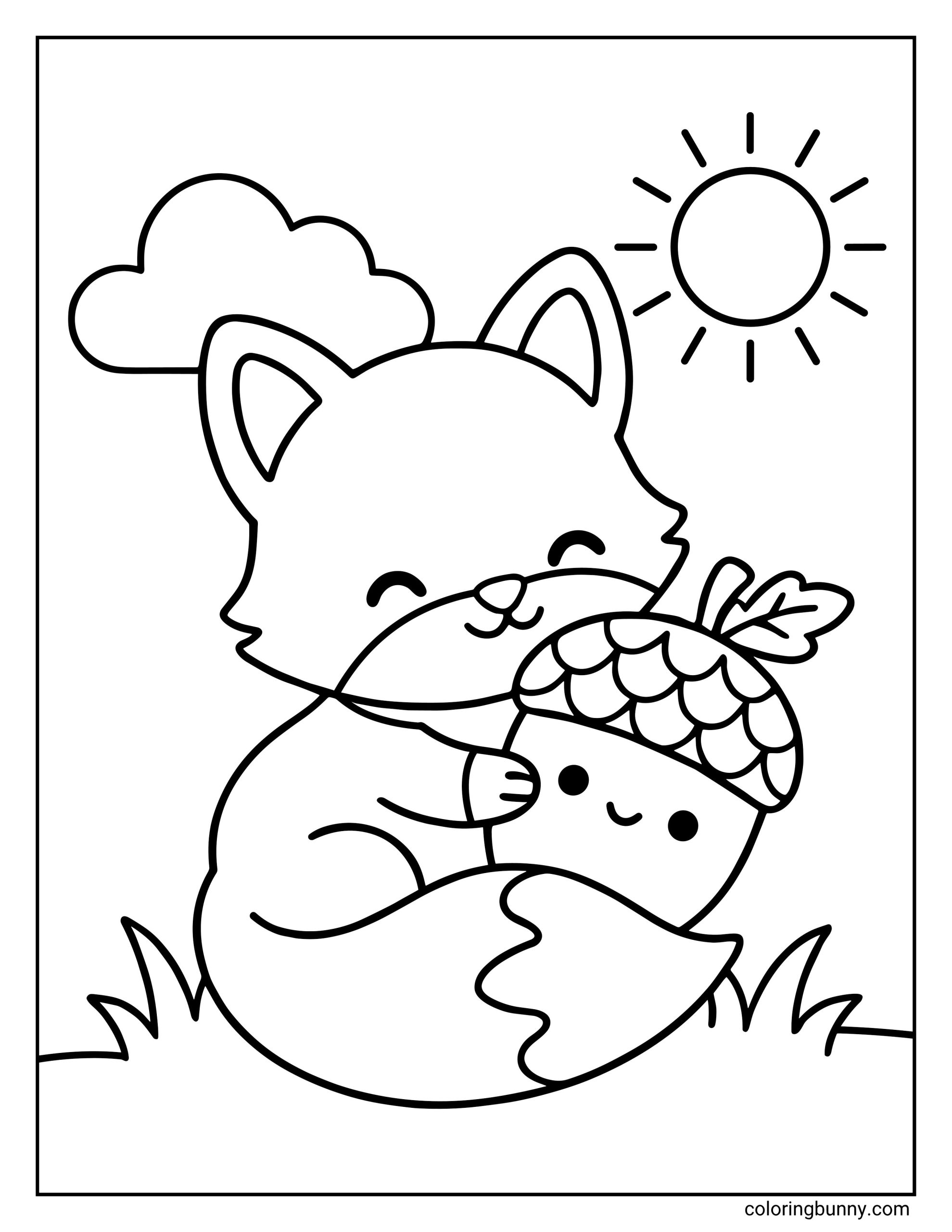 A simple and cute coloring page of a baby fox sitting in the grass and tightly hugging a giant, smiling acorn under a bright sun and cloud.