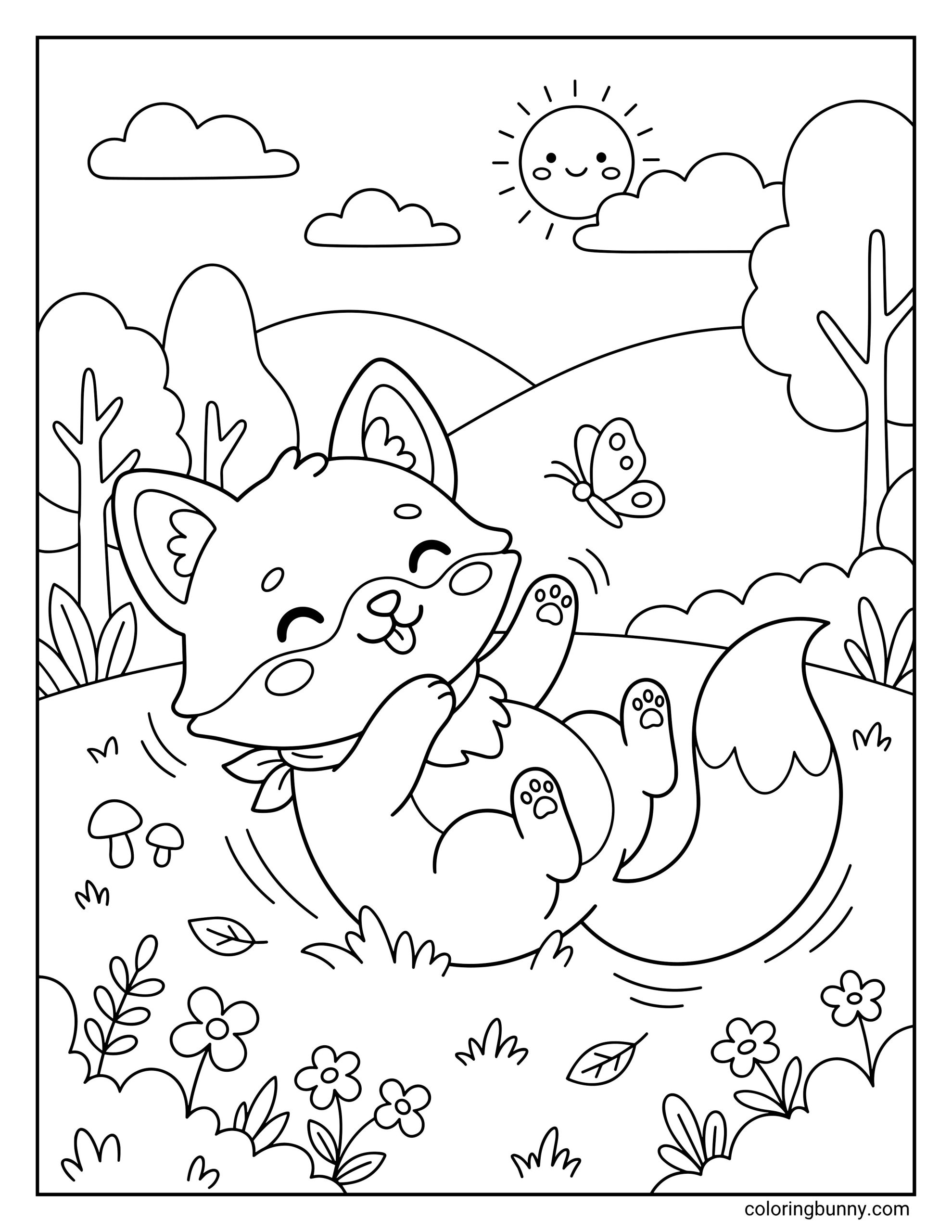 A cute fox coloring page showing a playful baby fox rolling on its back on a grassy hill with flowers and mushrooms, reaching up toward a small butterfly under a smiling sun.