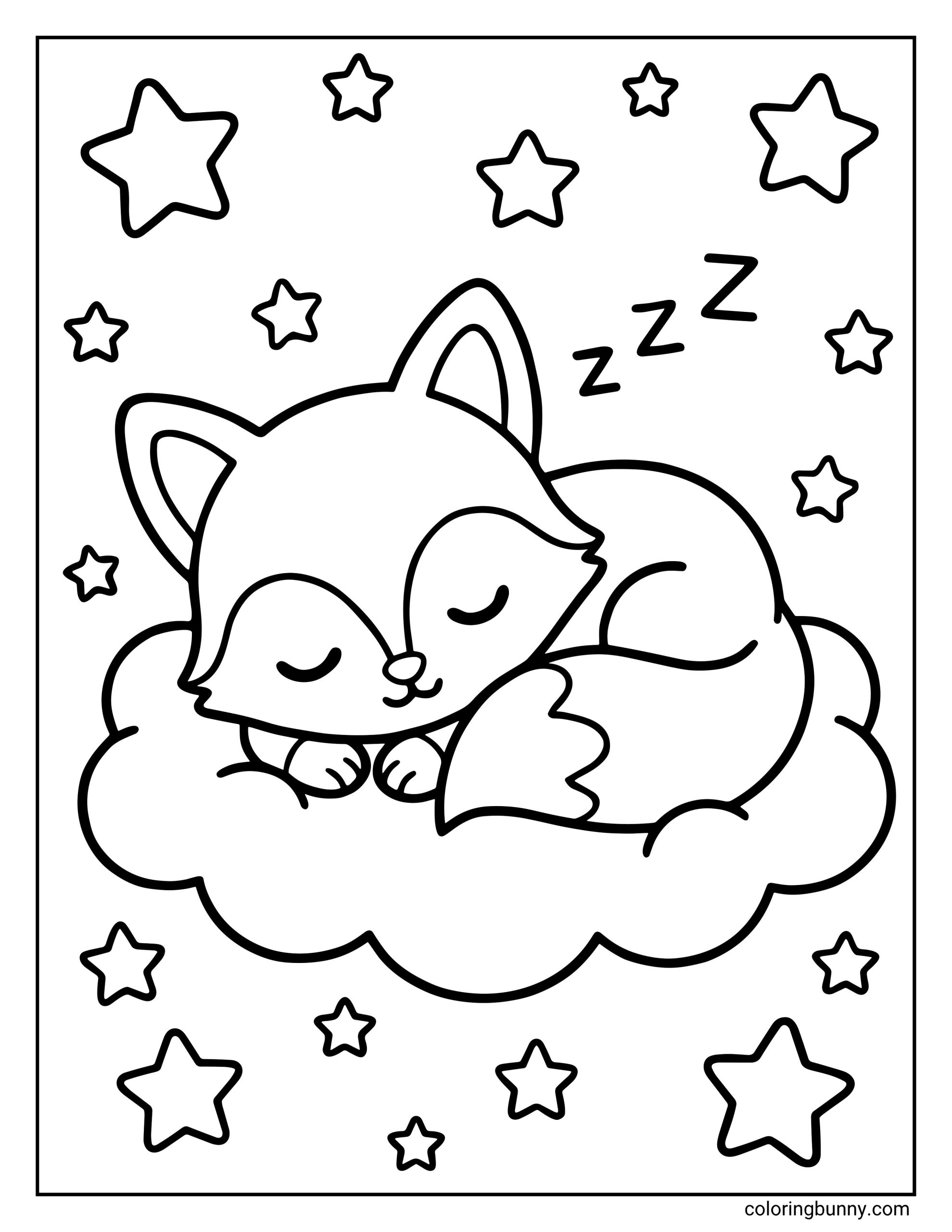 A fox coloring page showing a peaceful baby fox curled up asleep on a fluffy cloud, drifting under a night sky filled with twinkling stars and "Zzz" sleep letters.