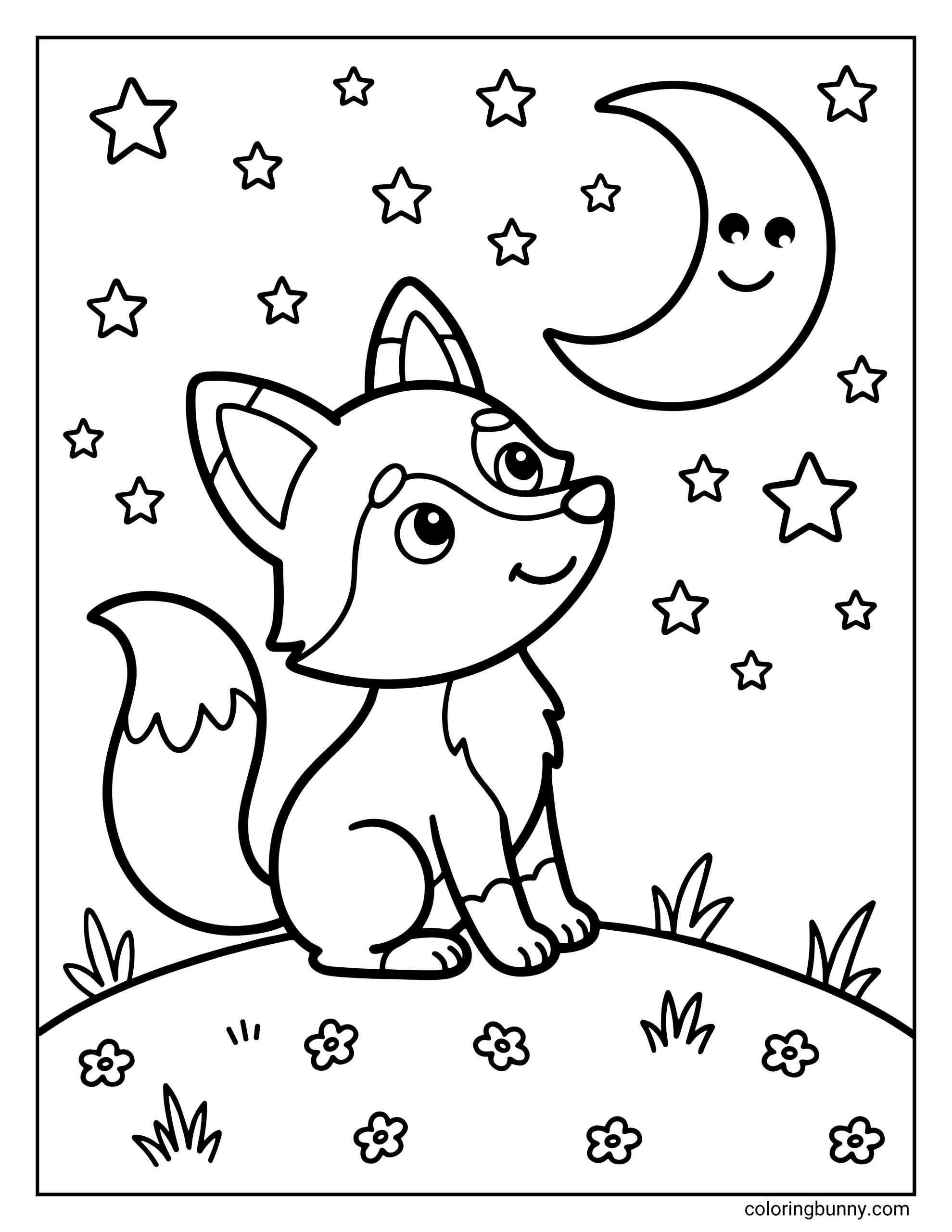 A simple and cute coloring page of a wide-eyed baby fox sitting on a flowery hill and looking up at a smiling crescent moon surrounded by twinkling stars.