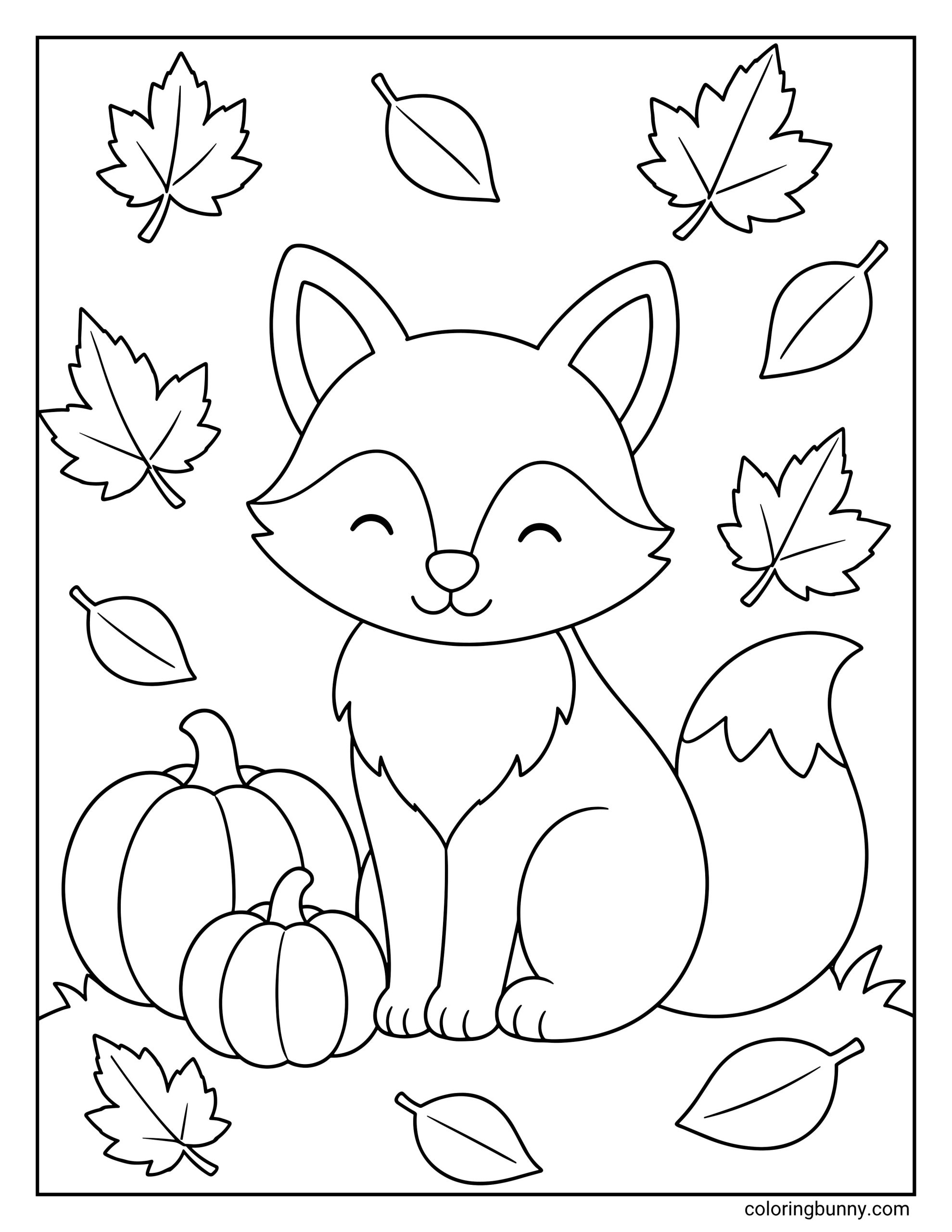 A simple and cute fall coloring page showing a happy fox with closed, smiling eyes sitting next to two pumpkins as autumn leaves fall all around.