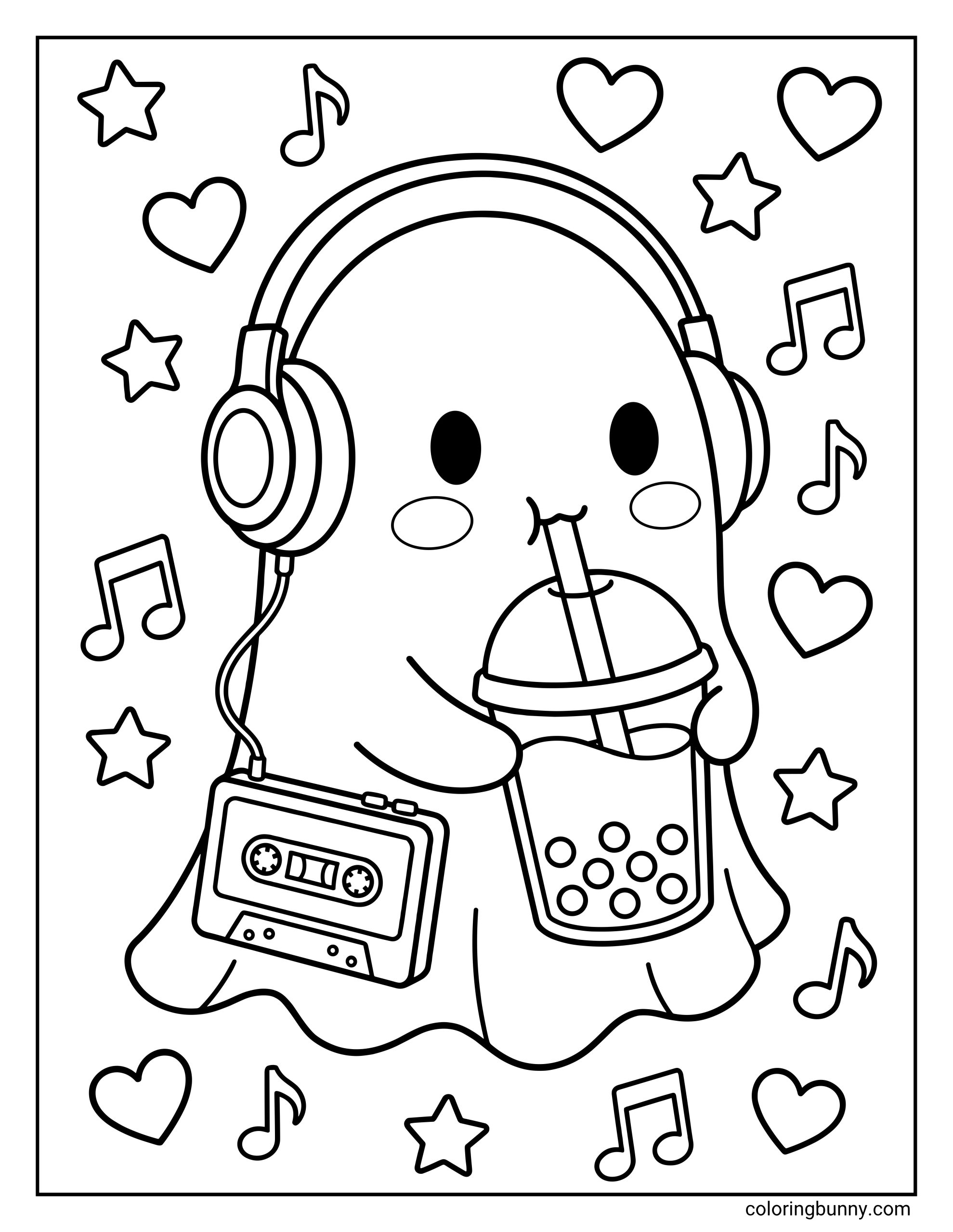 Boba tea coloring page featuring a cute ghost wearing large headphones and sipping bubble tea through a straw, with a cassette player, hearts, stars, and music notes around it.
