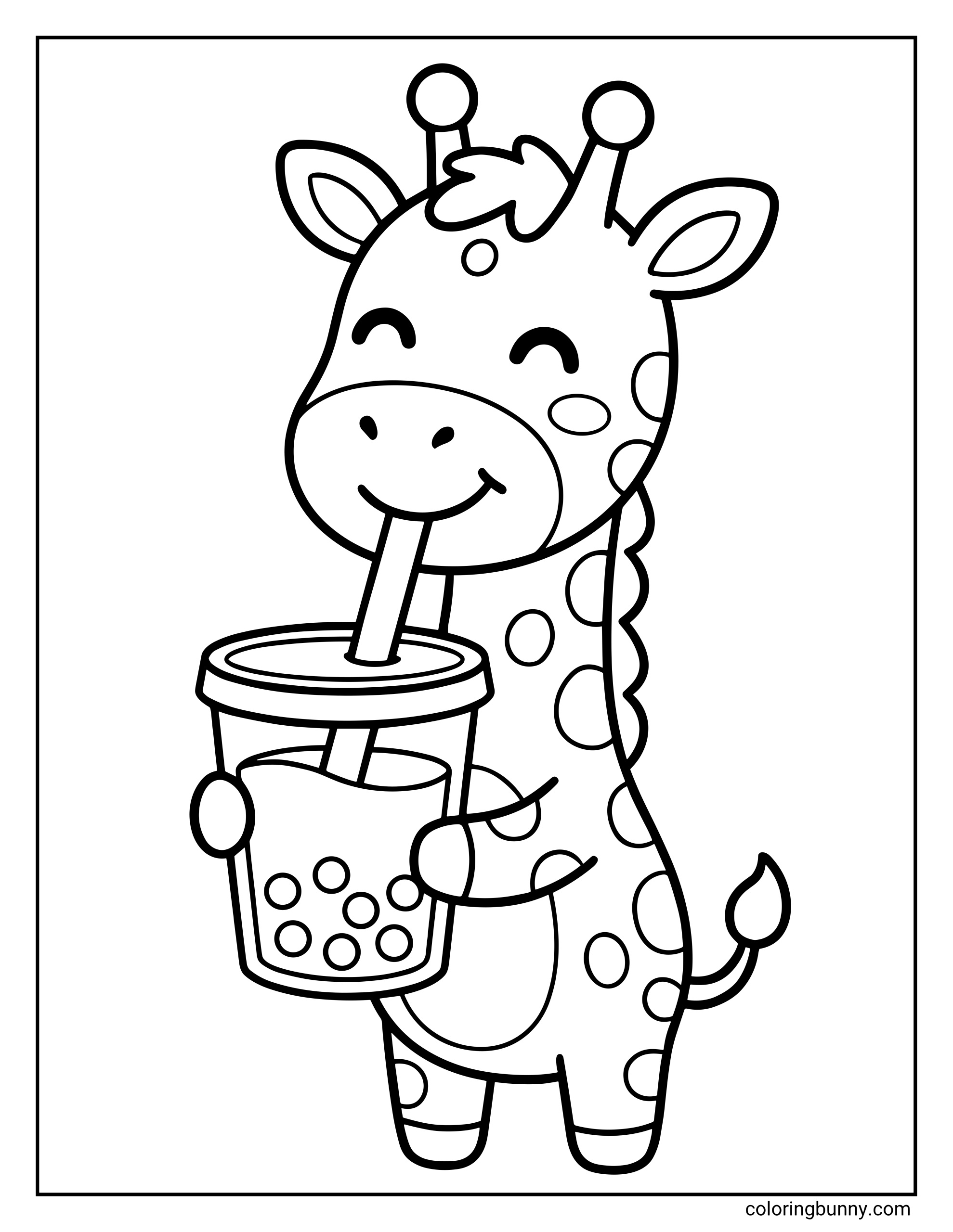 Boba tea coloring page featuring a sweet simple line art illustration of a baby giraffe holding a tall cup of fresh boba tea packed with round tapioca balls.