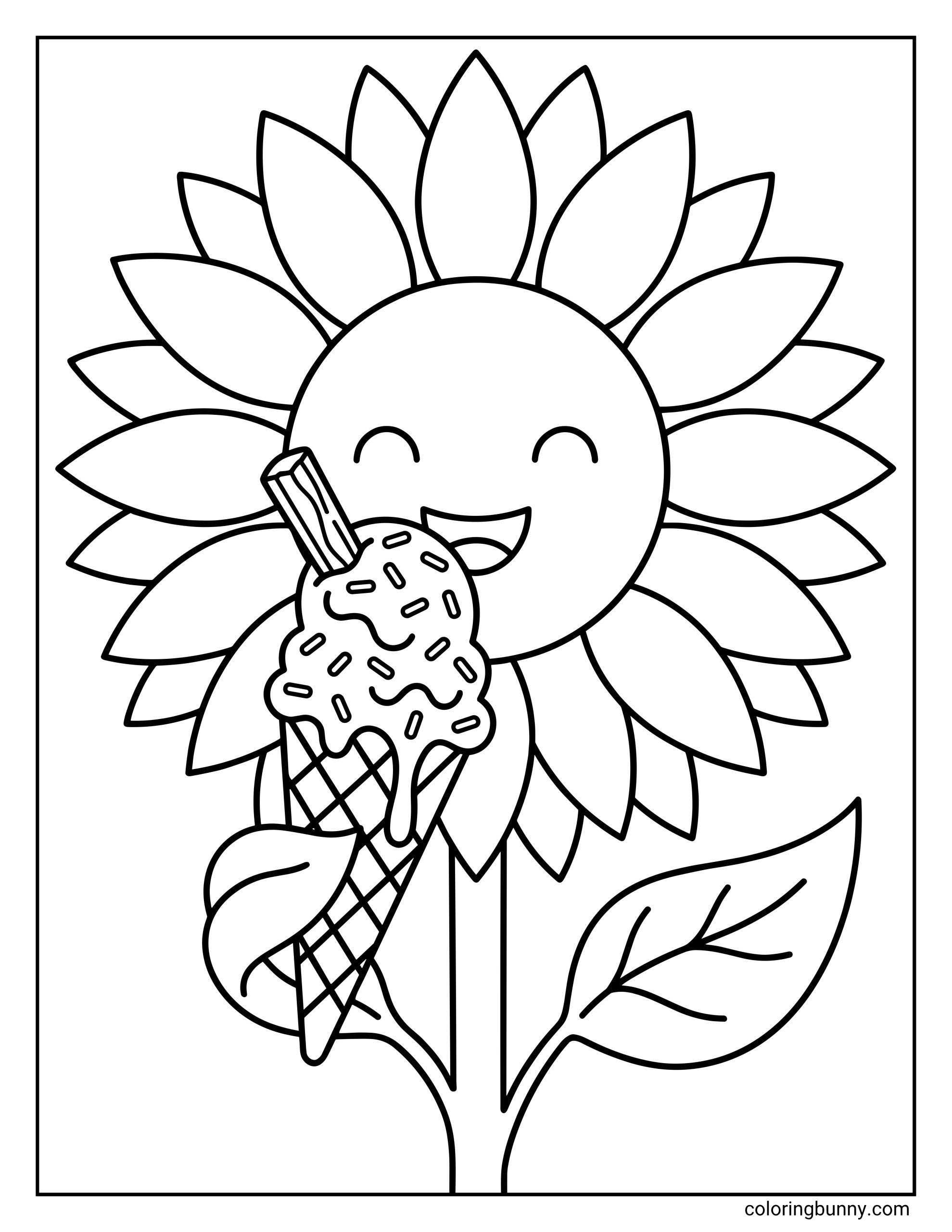 Coloring sheet of a happy sunflower enjoying an ice cream cone topped with melty scoops, sprinkles, and a striped wafer. The sunflower has a round smiling face, large layered petals, a sturdy stem, and two leaves, giving the coloring page a playful and friendly personality.