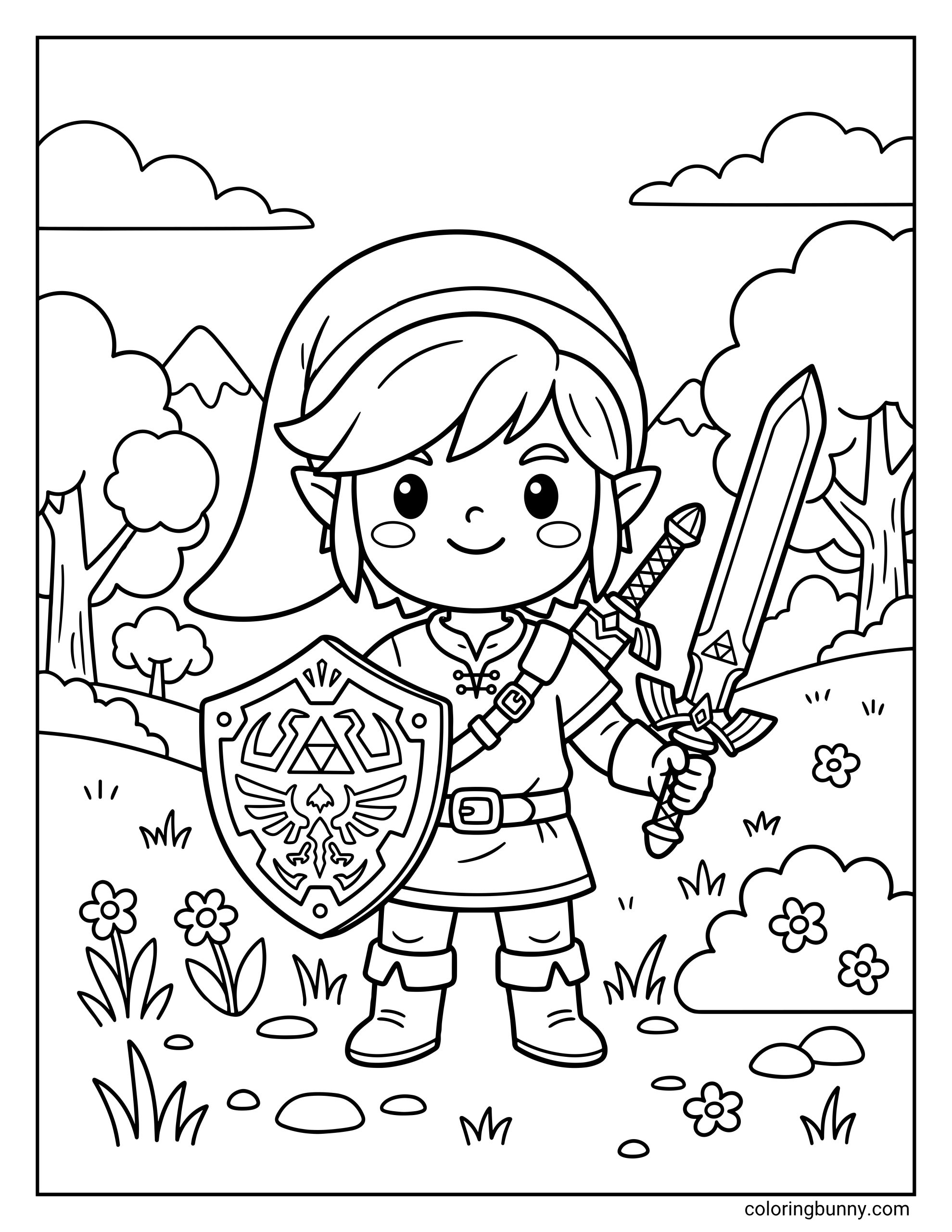 Cute kawaii Link Zelda coloring page showing Link smiling with a sword, Hylian shield, boots, hat, flowers, trees, mountains, and clouds.