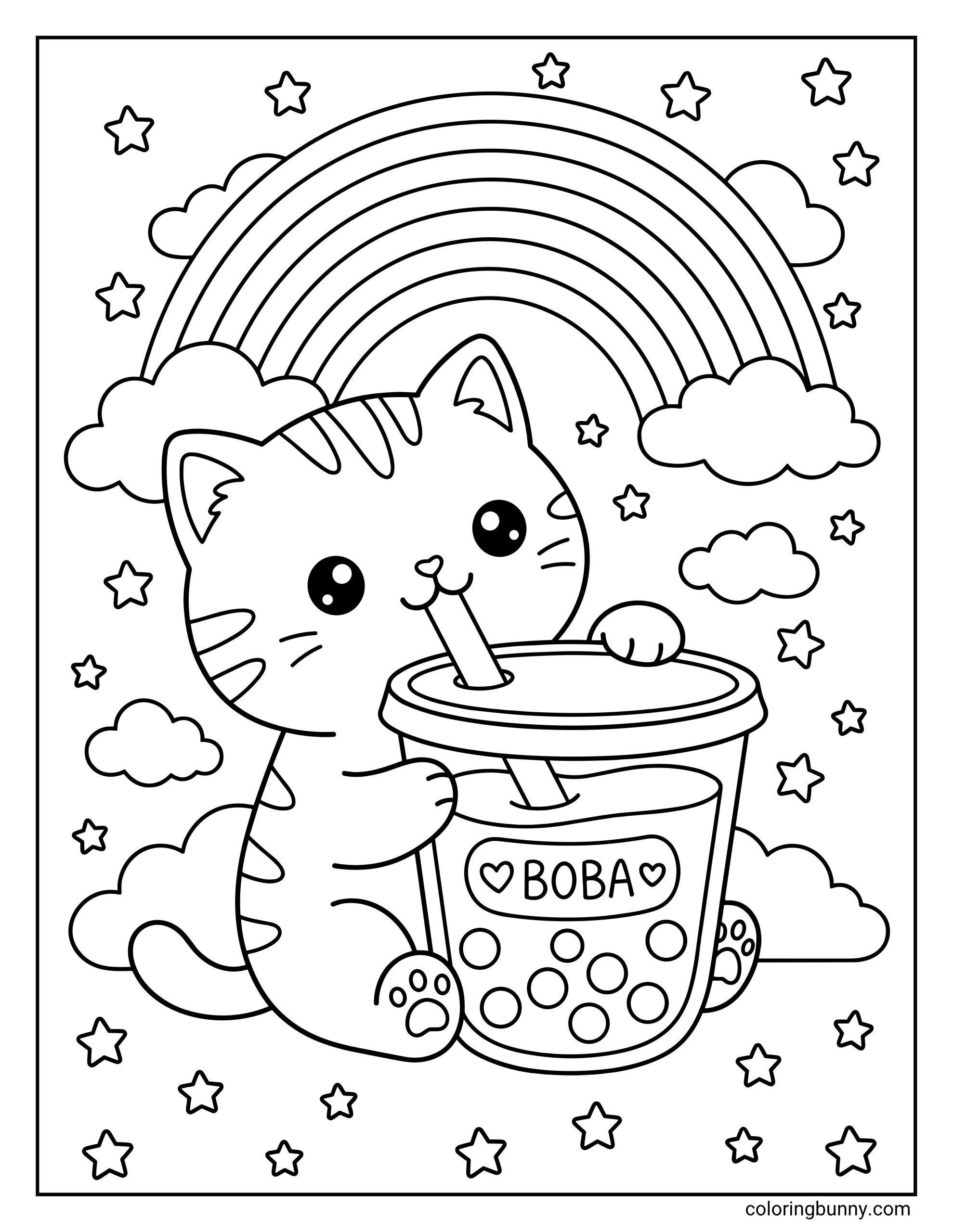 Boba tea coloring page featuring an adorable tabby cat sitting down on a fluffy cloud and happily sipping a sweet bubble tea drink that has a heart design and the word boba written across the front.