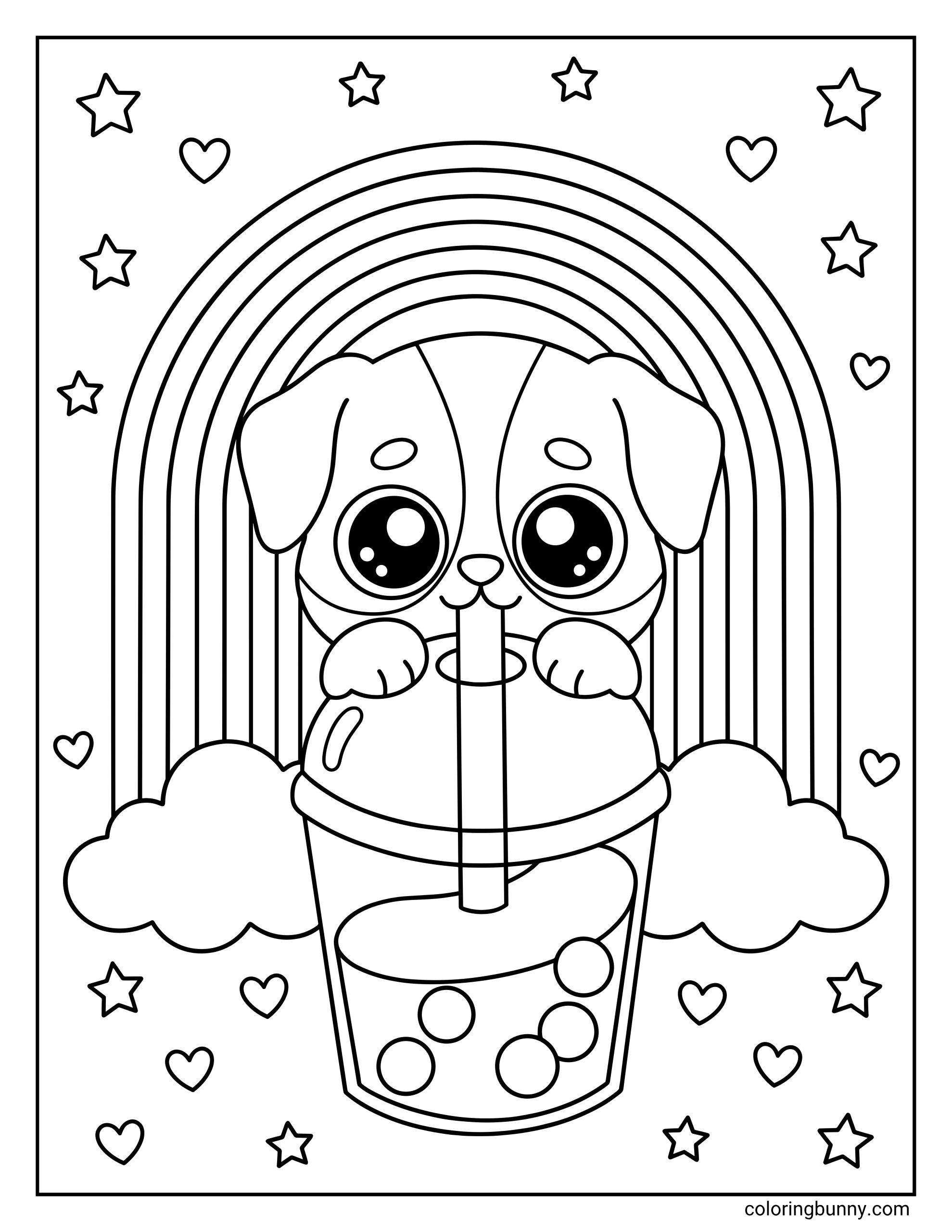 Boba Tea Coloring Page featuring a cute puppy with large anime-style eyes peeking out from behind a large bubble tea cup under a vibrant rainbow.