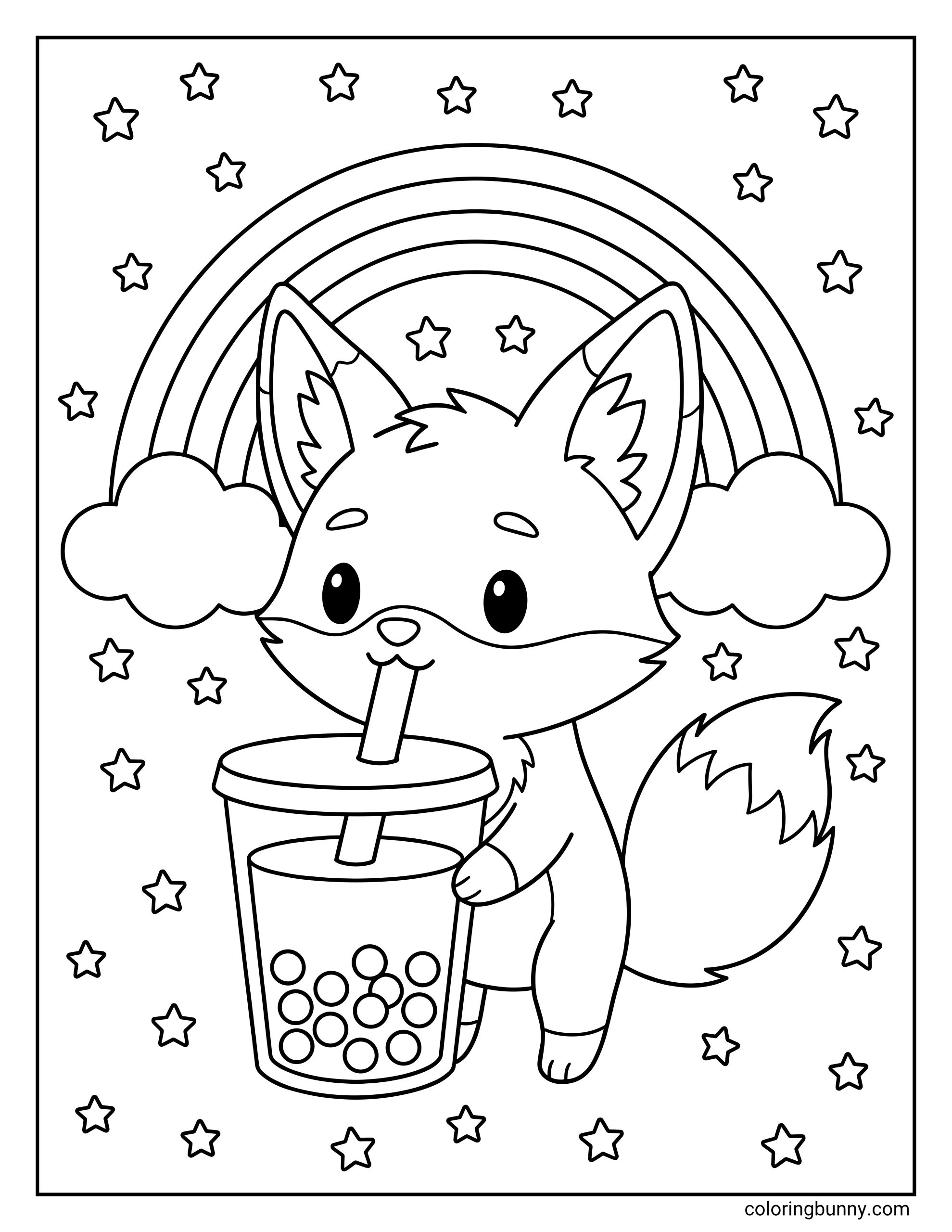 Boba tea coloring page with a smiling cartoon fox gripping a tall bubble tea cup packed with chewy tapioca balls at the bottom, set against a borderless backdrop of stars and a thick rainbow.