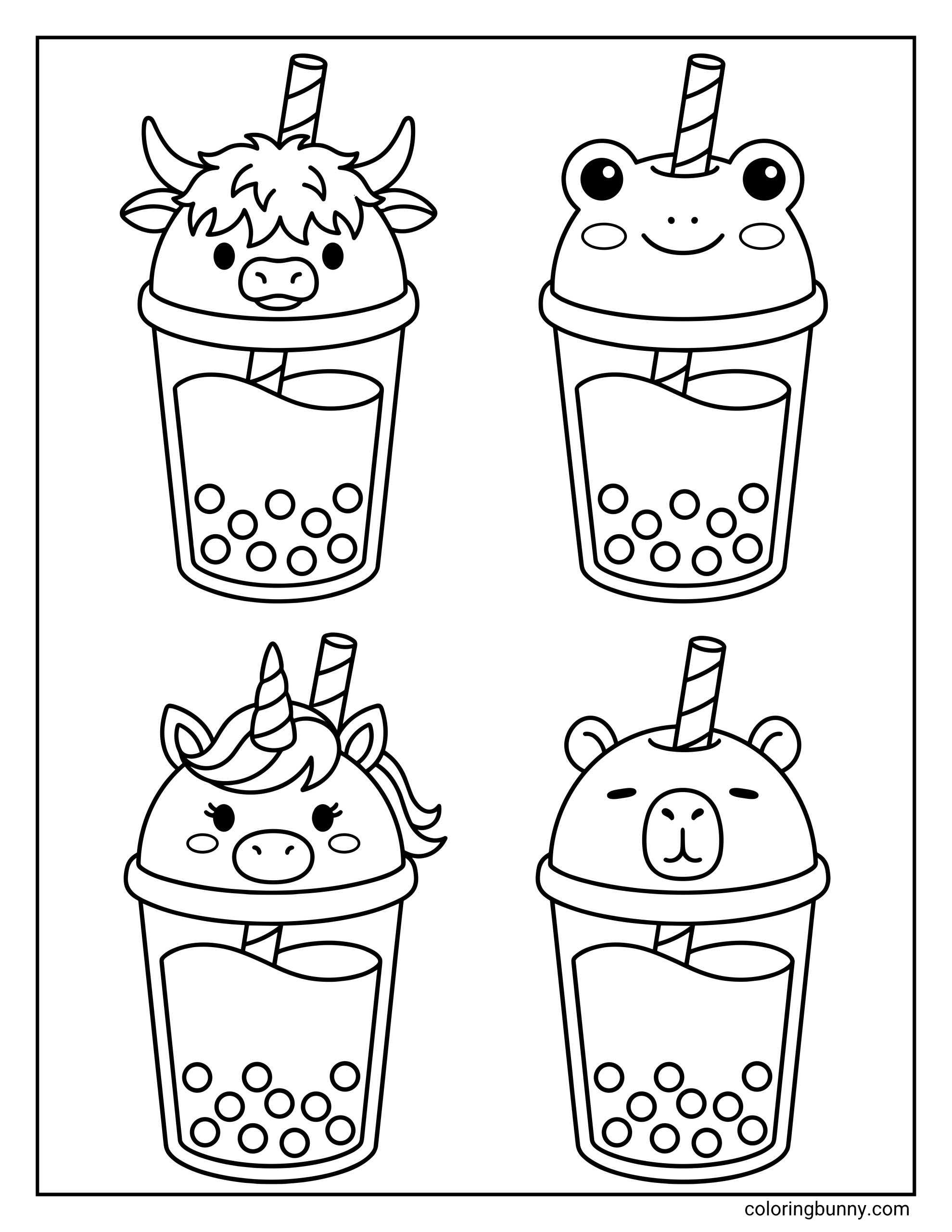 Boba tea coloring page of four easy boba tea designs with animal faces on top, set in two rows, including a cow, frog, unicorn, and bear, all drawn with bold black outlines for a fun and easy activity.
